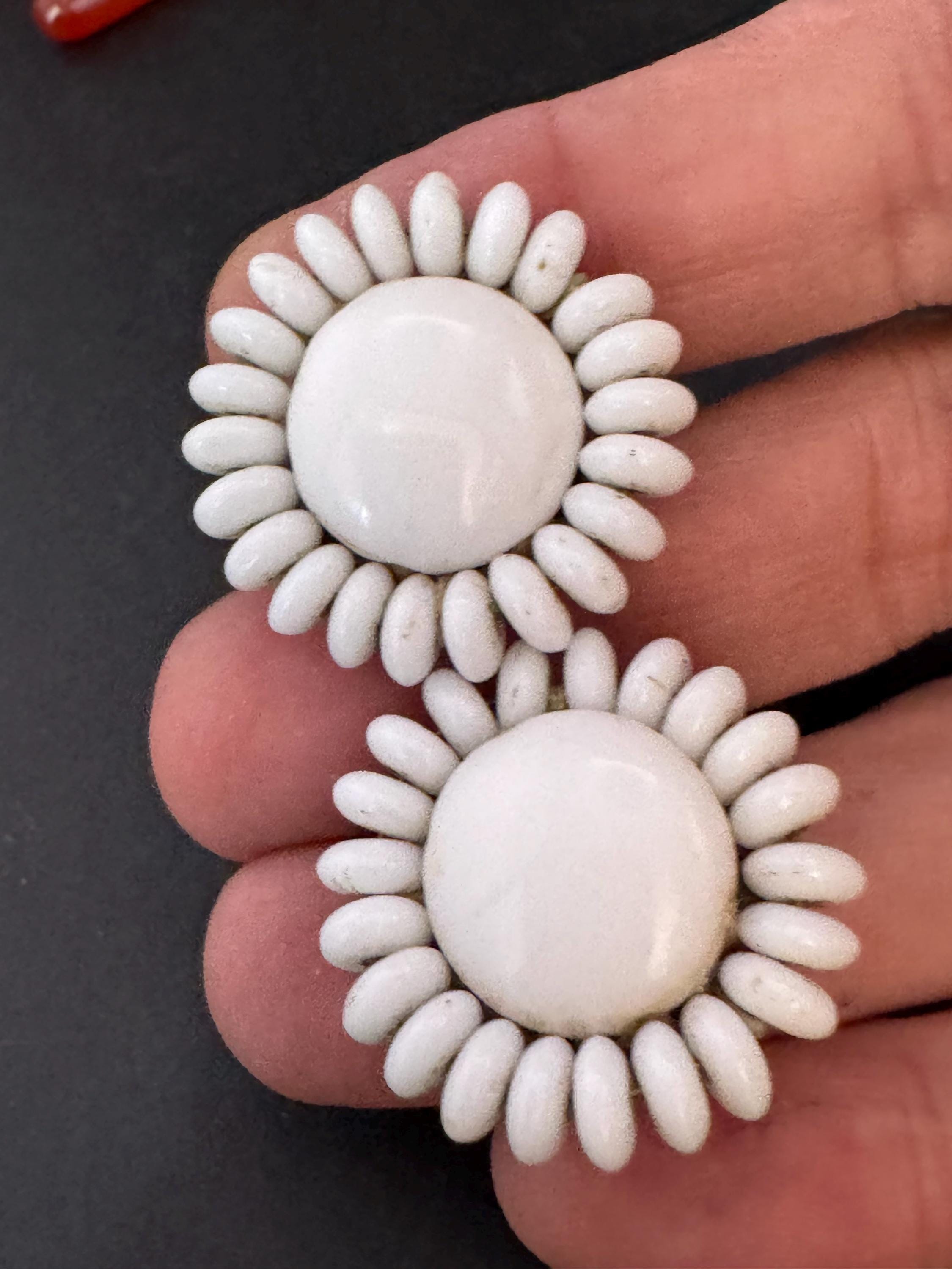 Vintage white milk glass floral beaded Cluster Clip On Earrings 1940s 1950s