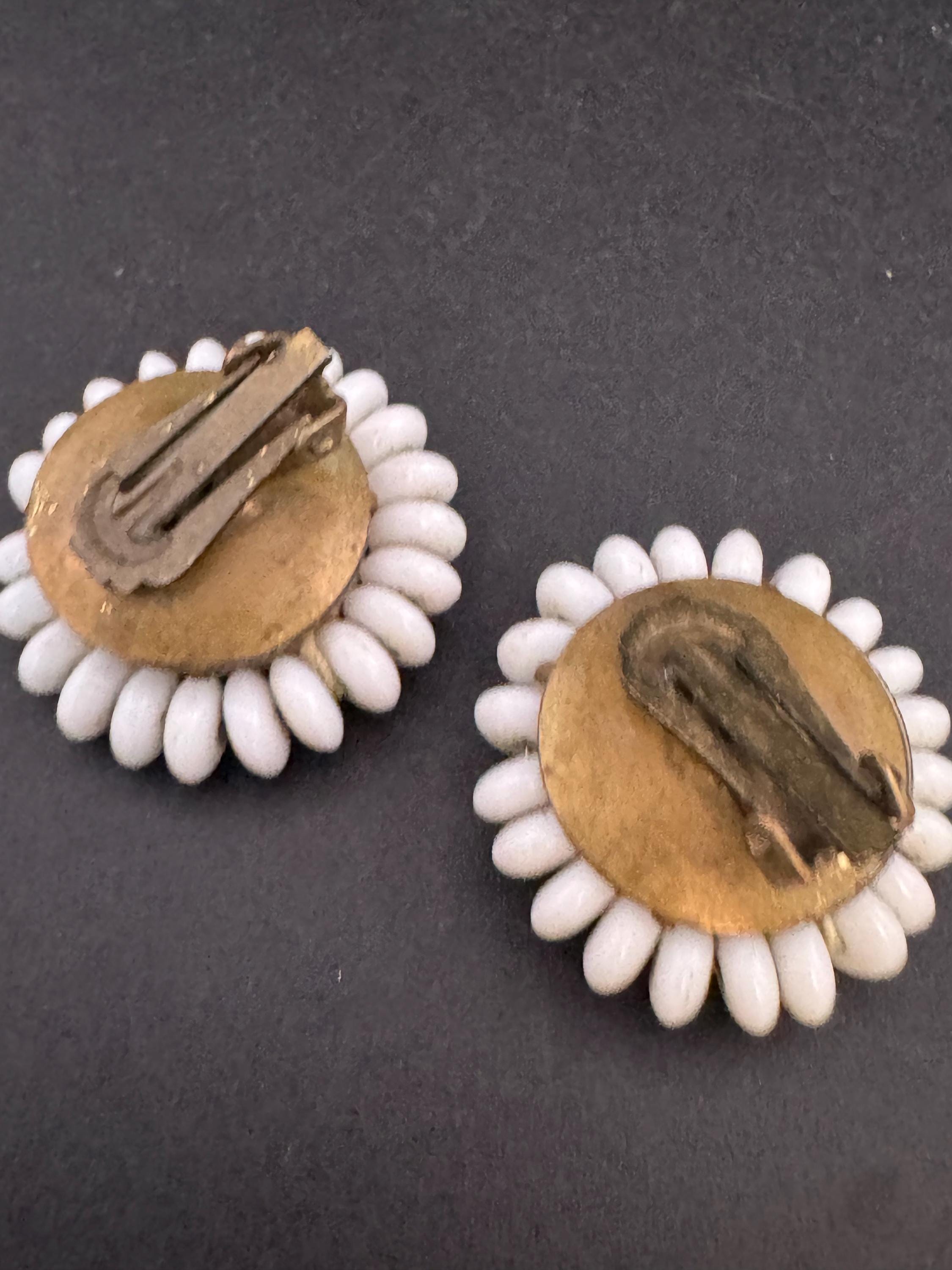 Vintage white milk glass floral beaded Cluster Clip On Earrings 1940s 1950s
