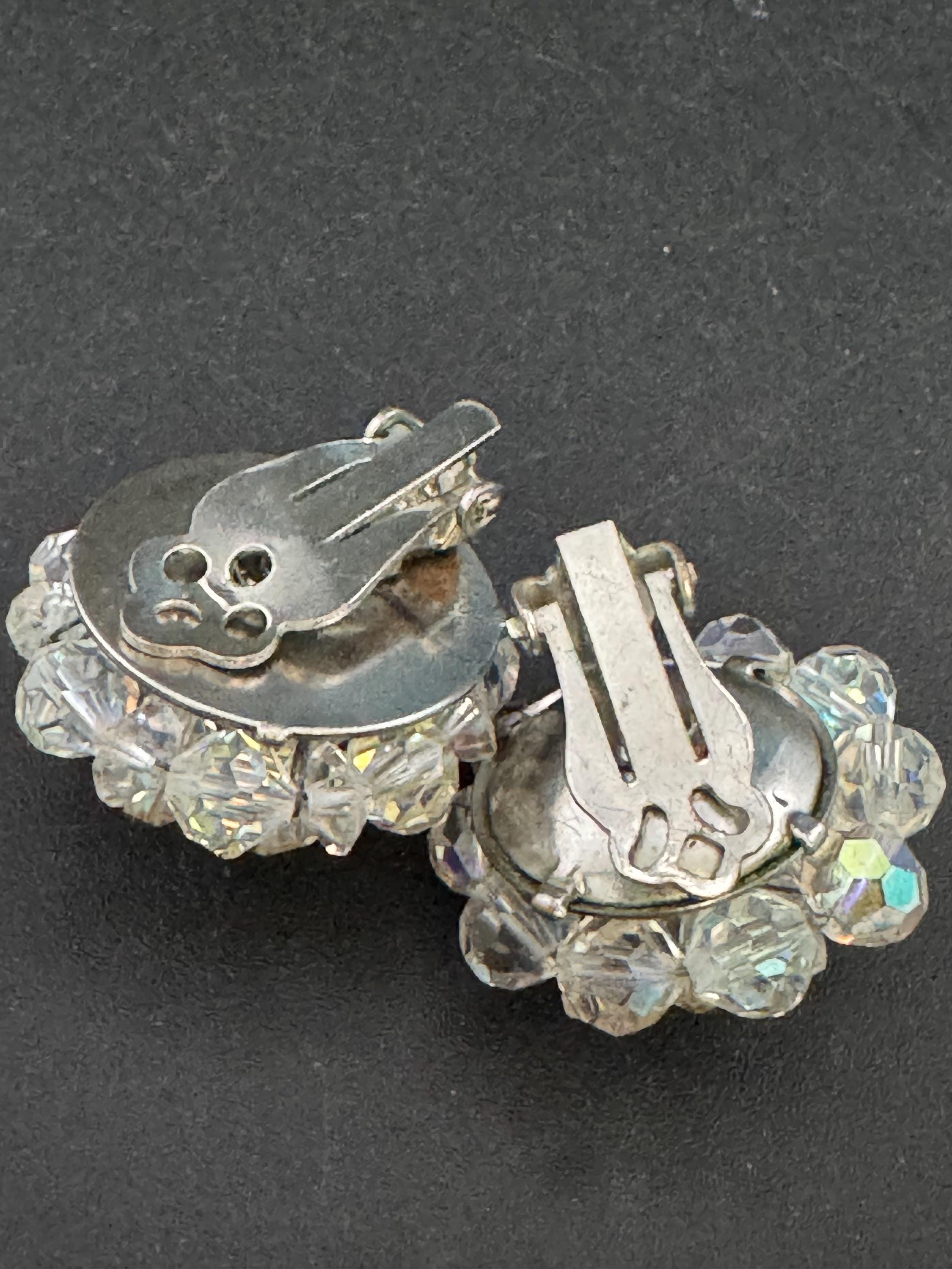 Vintage clear rainbow AB lustre glass beaded Cluster Clip On Earrings