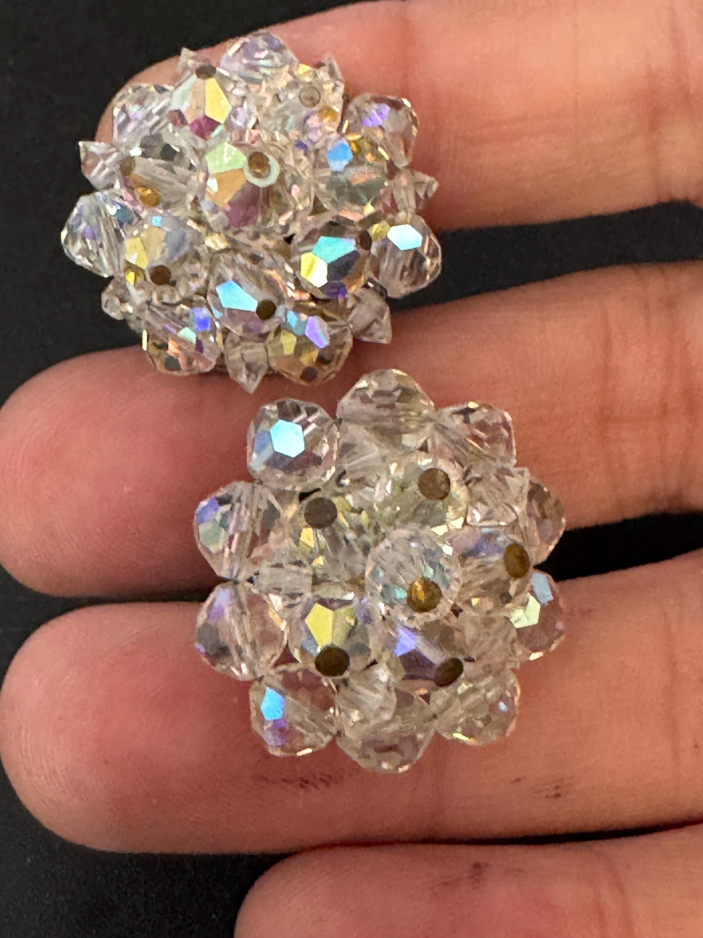 Vintage clear rainbow AB lustre glass beaded Cluster Clip On Earrings