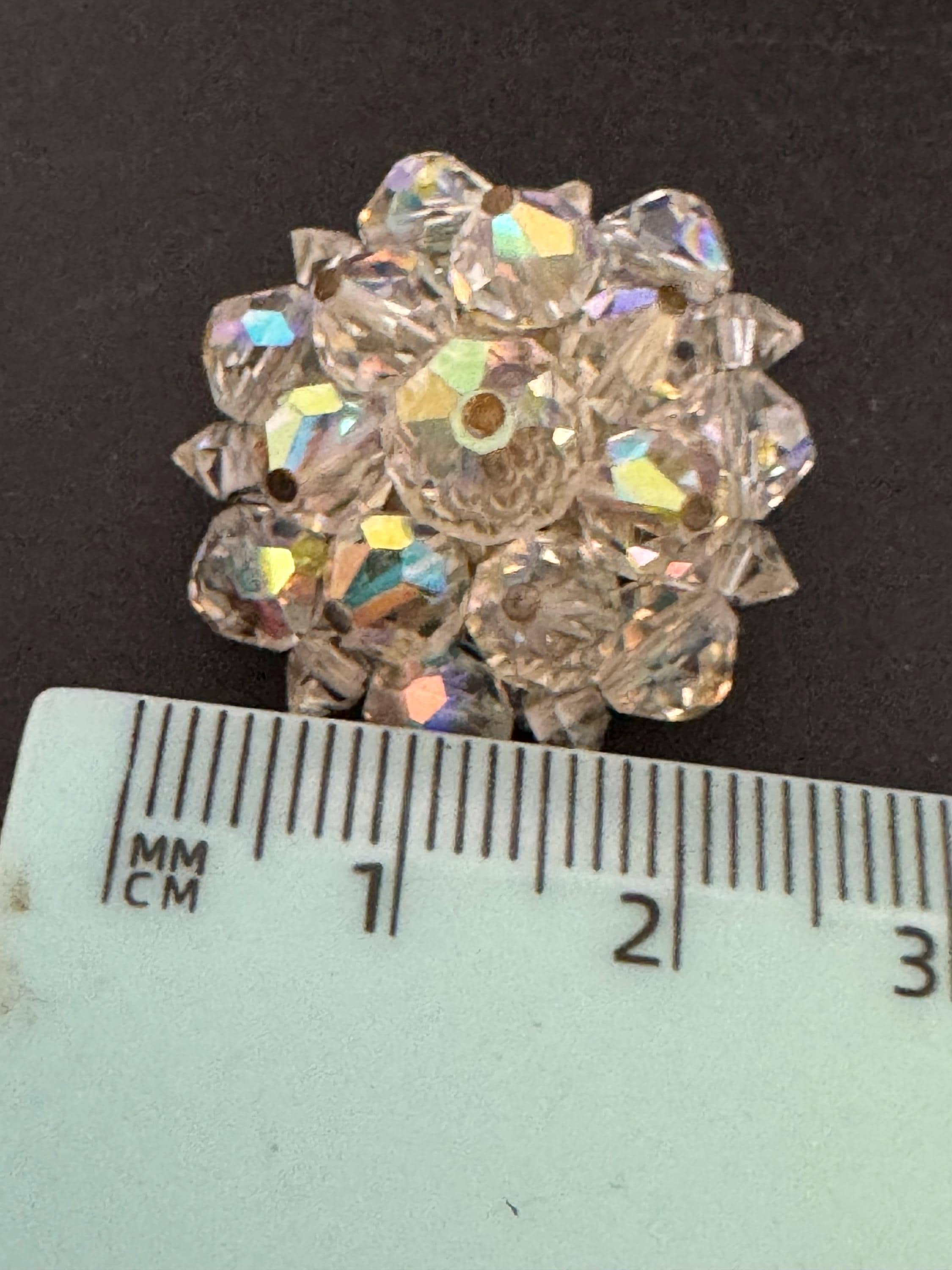 Vintage clear rainbow AB lustre glass beaded Cluster Clip On Earrings