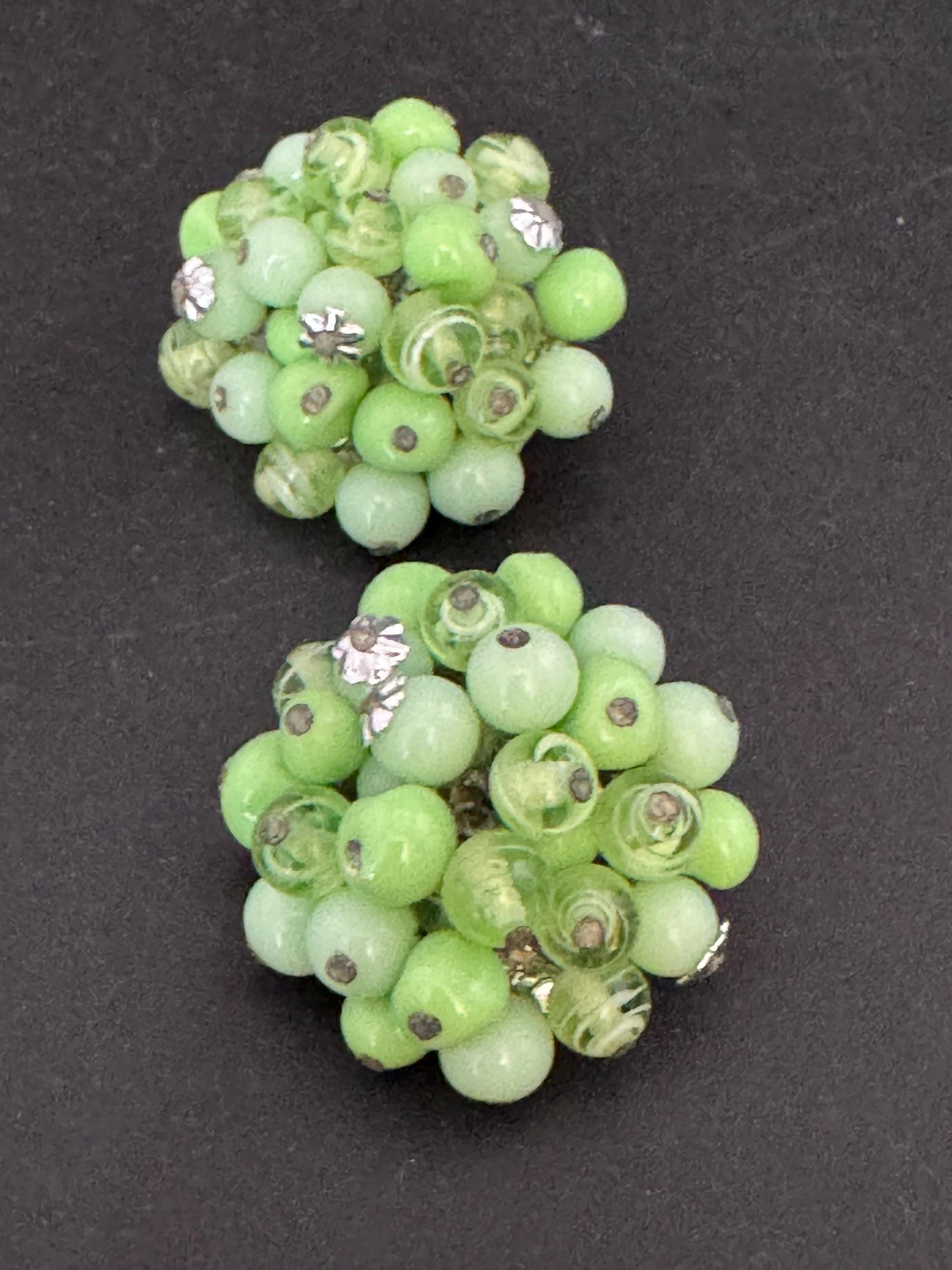 Vintage Green glass beaded cluster clip on earrings