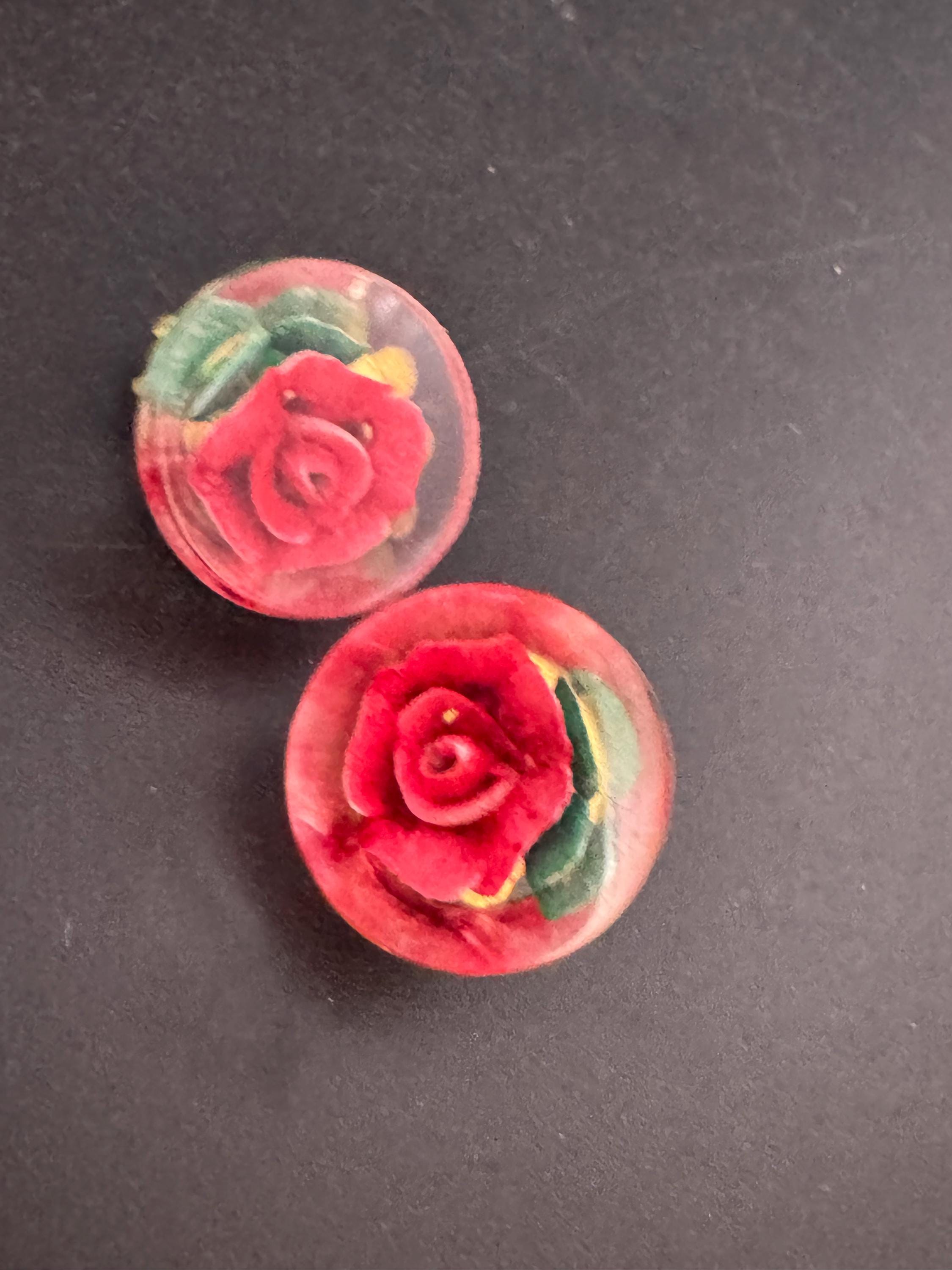 Vintage Perspex clear lucite red Clip On Earrings early plastic Rose floral