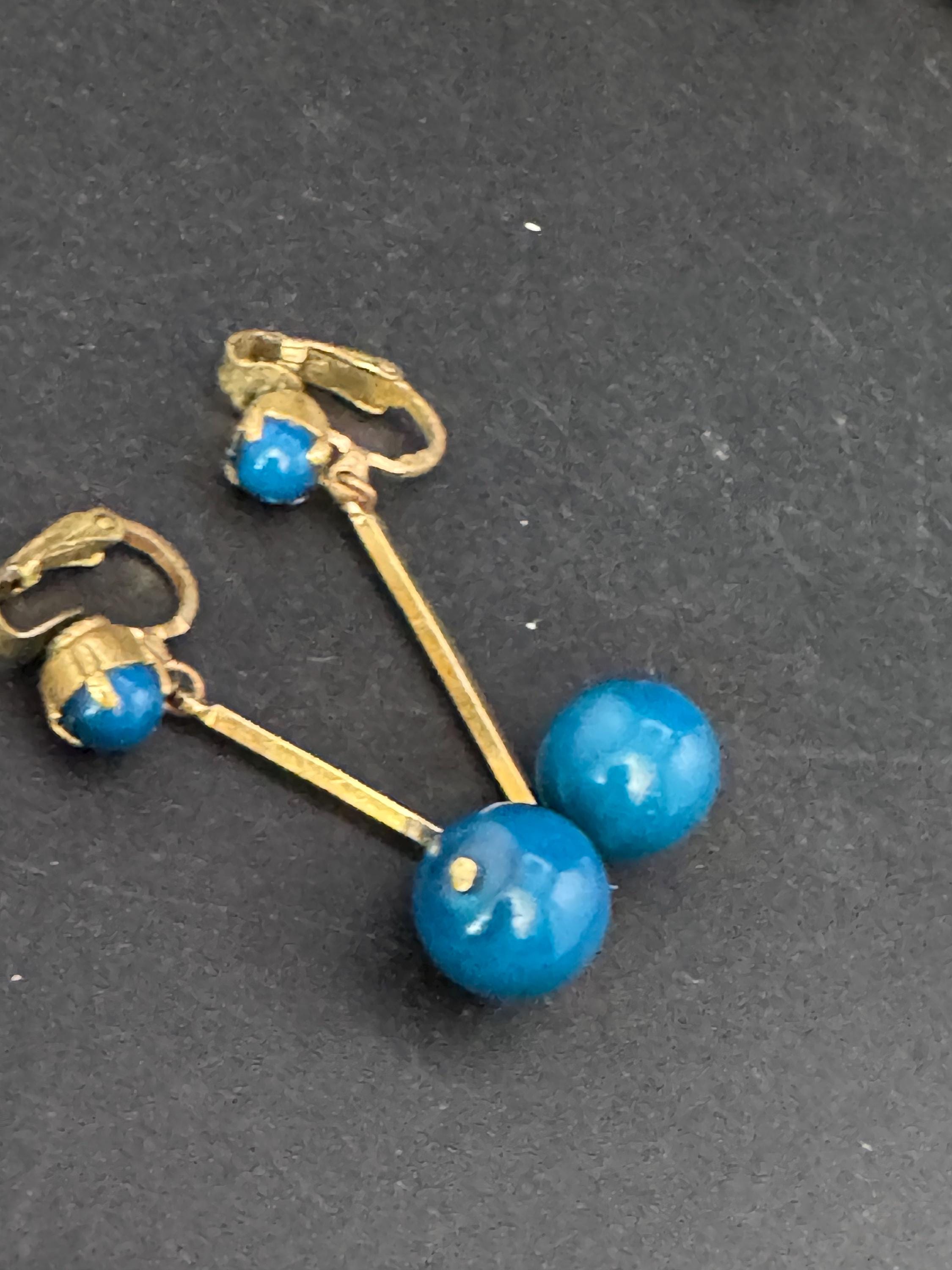 Vintage blue glass ball dangly drop clip on earrings