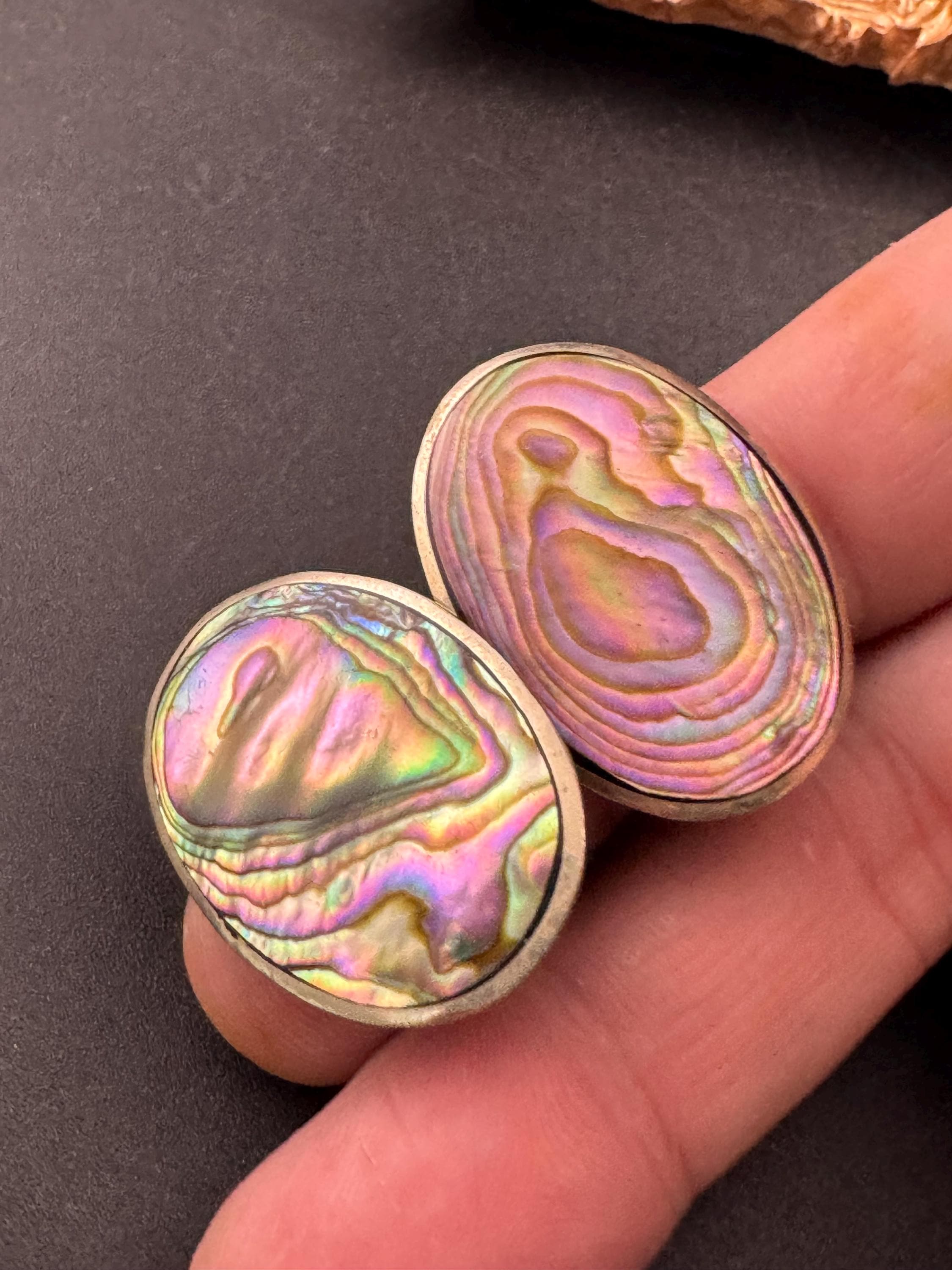 Vintage Alra Mexico silver abalone shell oversized oval earrings, clip on