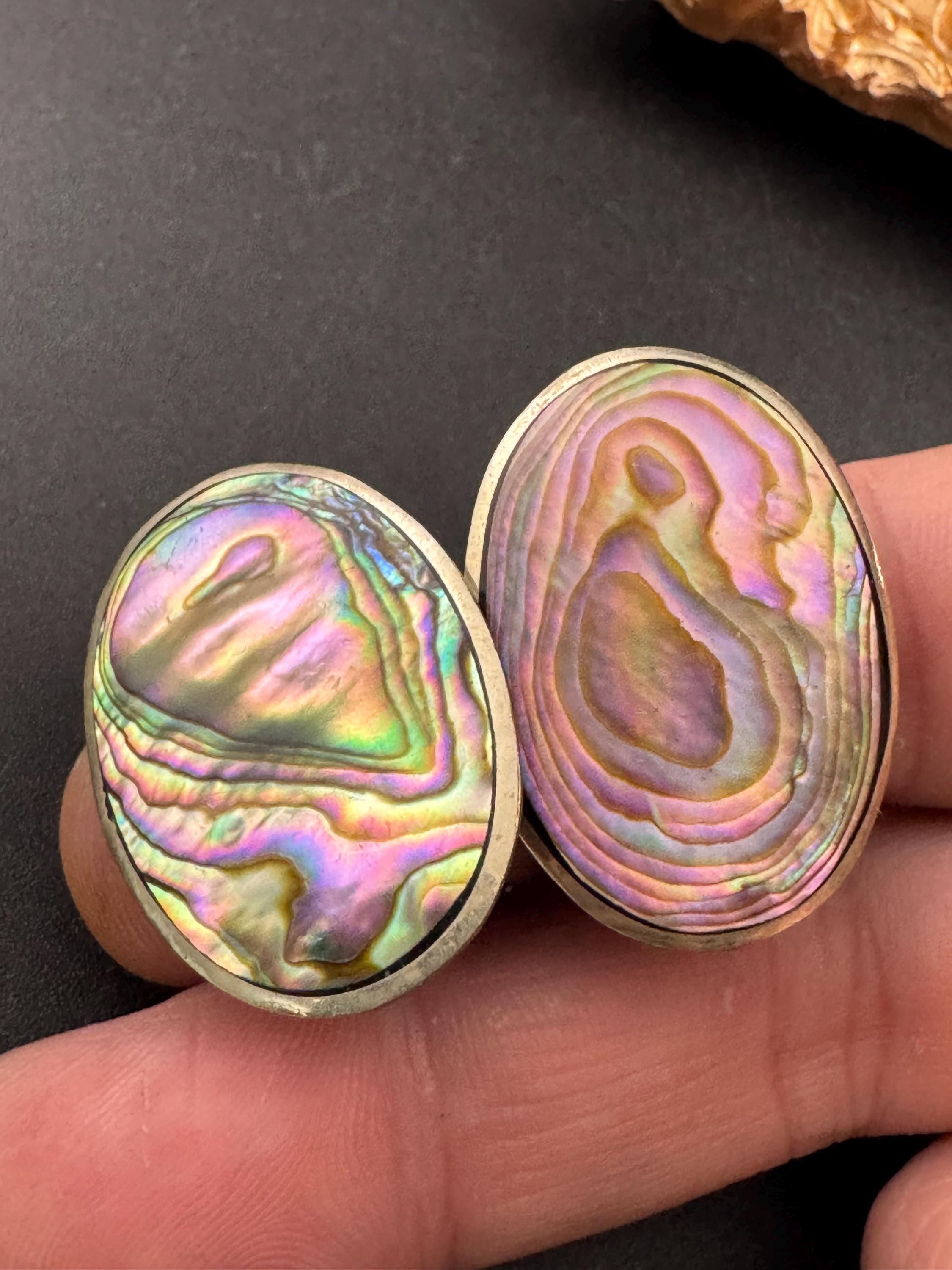Vintage Alra Mexico silver abalone shell oversized oval earrings, clip on
