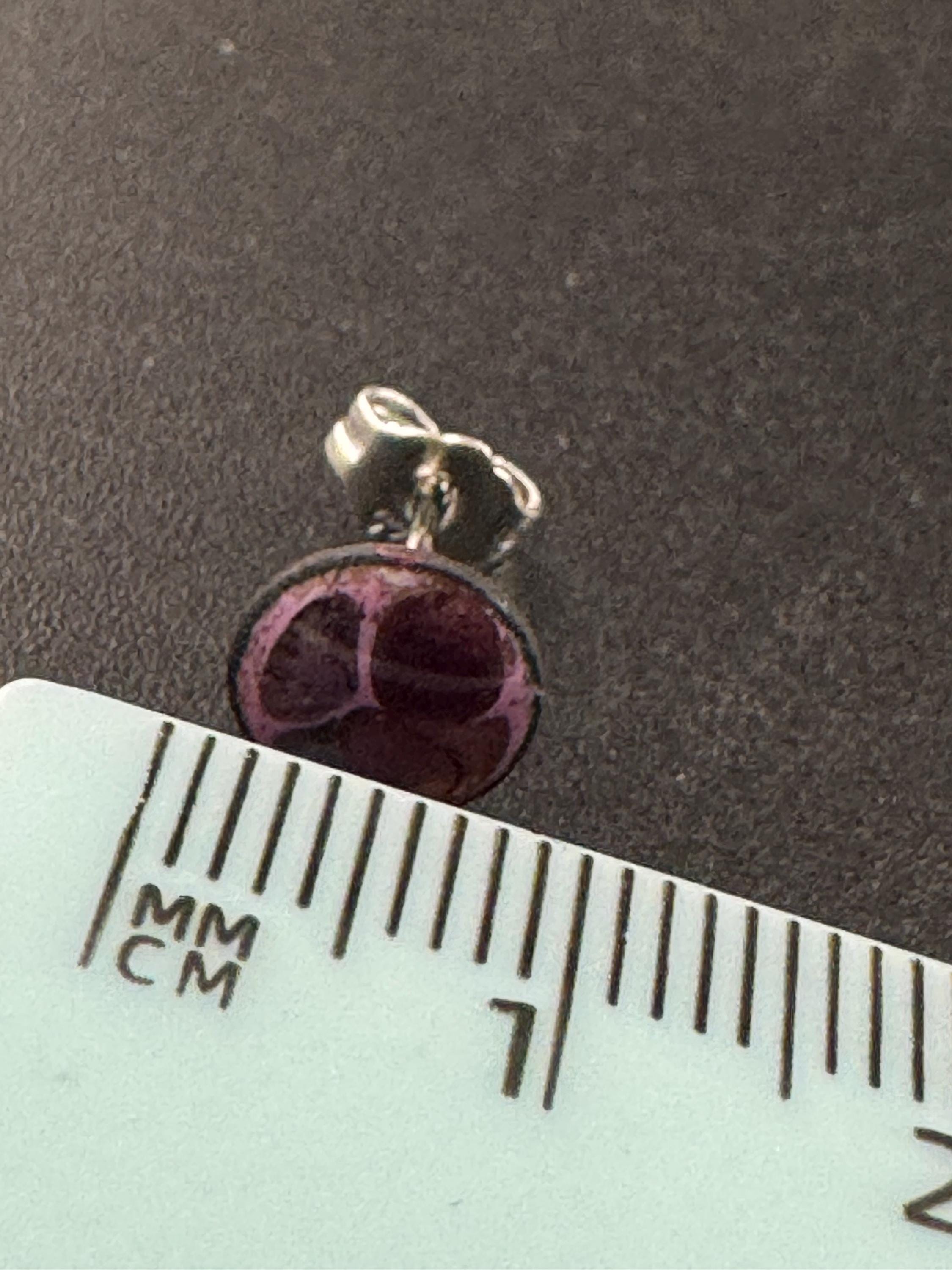 925 small round purple glass stud earrings pierced, Sterling silver dainty