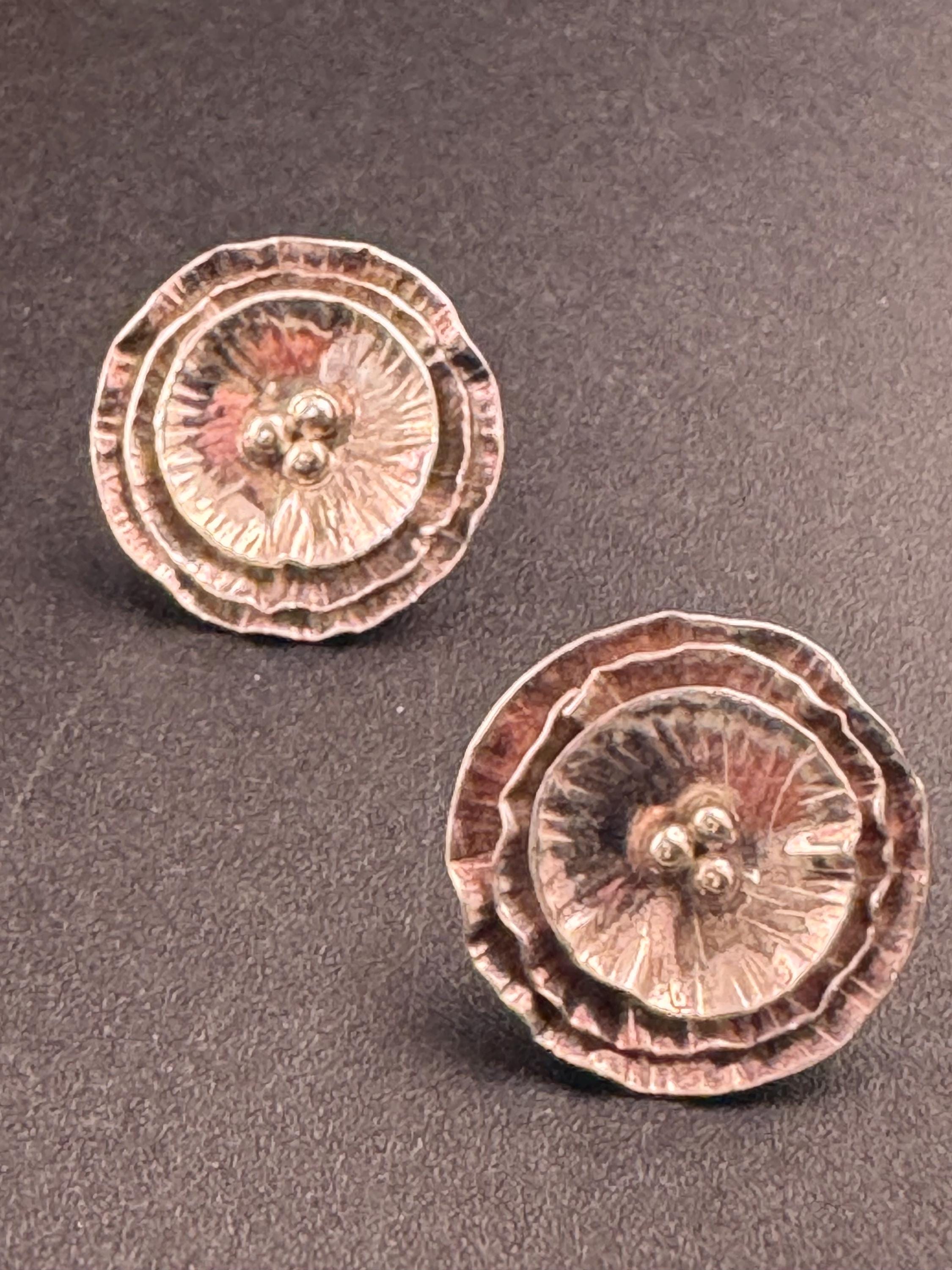 Tested silver brutalist textured round earrings 925, modernist pierced studs
