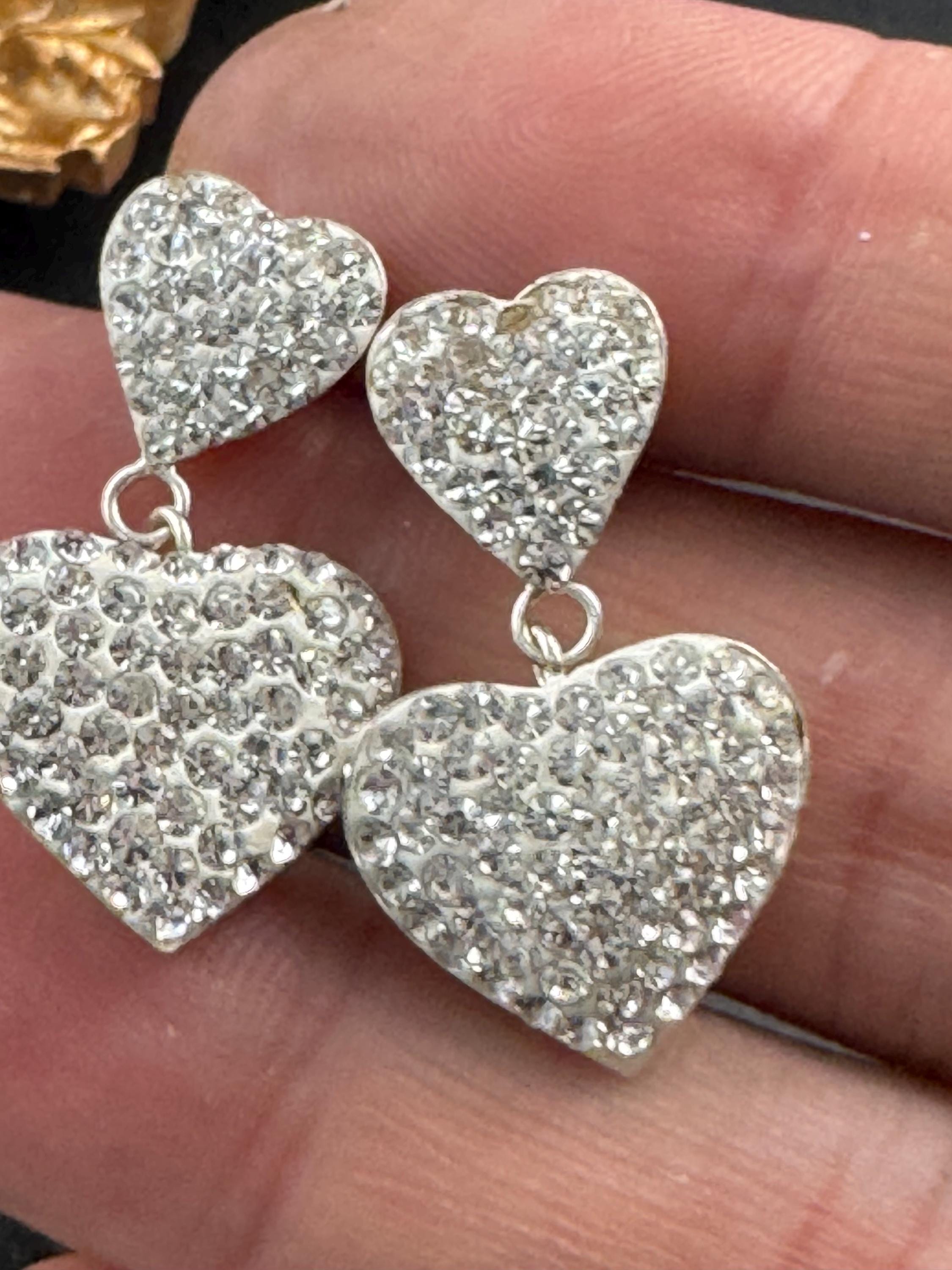 Vintage clear rhinestone diamanté dangly drop pierced heart earrings , silver tone