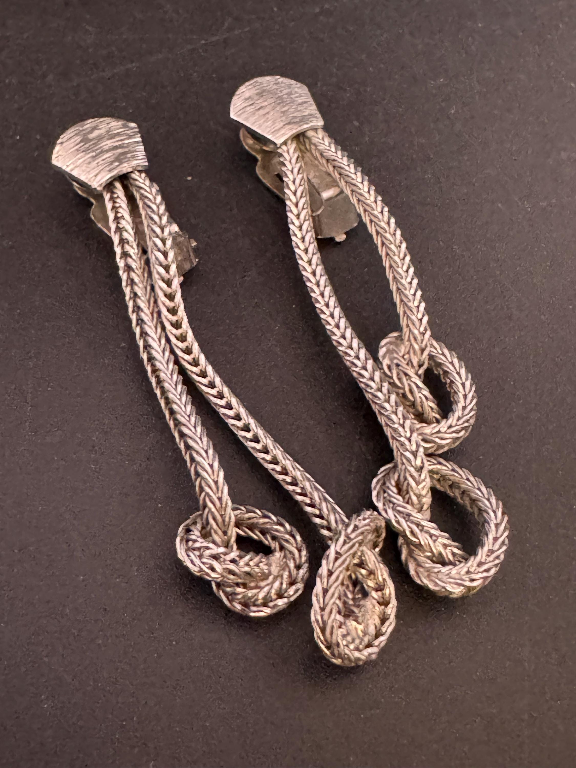Brushed Silver tone Knot Tassel Drop mesh Earrings: 1970s Dangly Chain