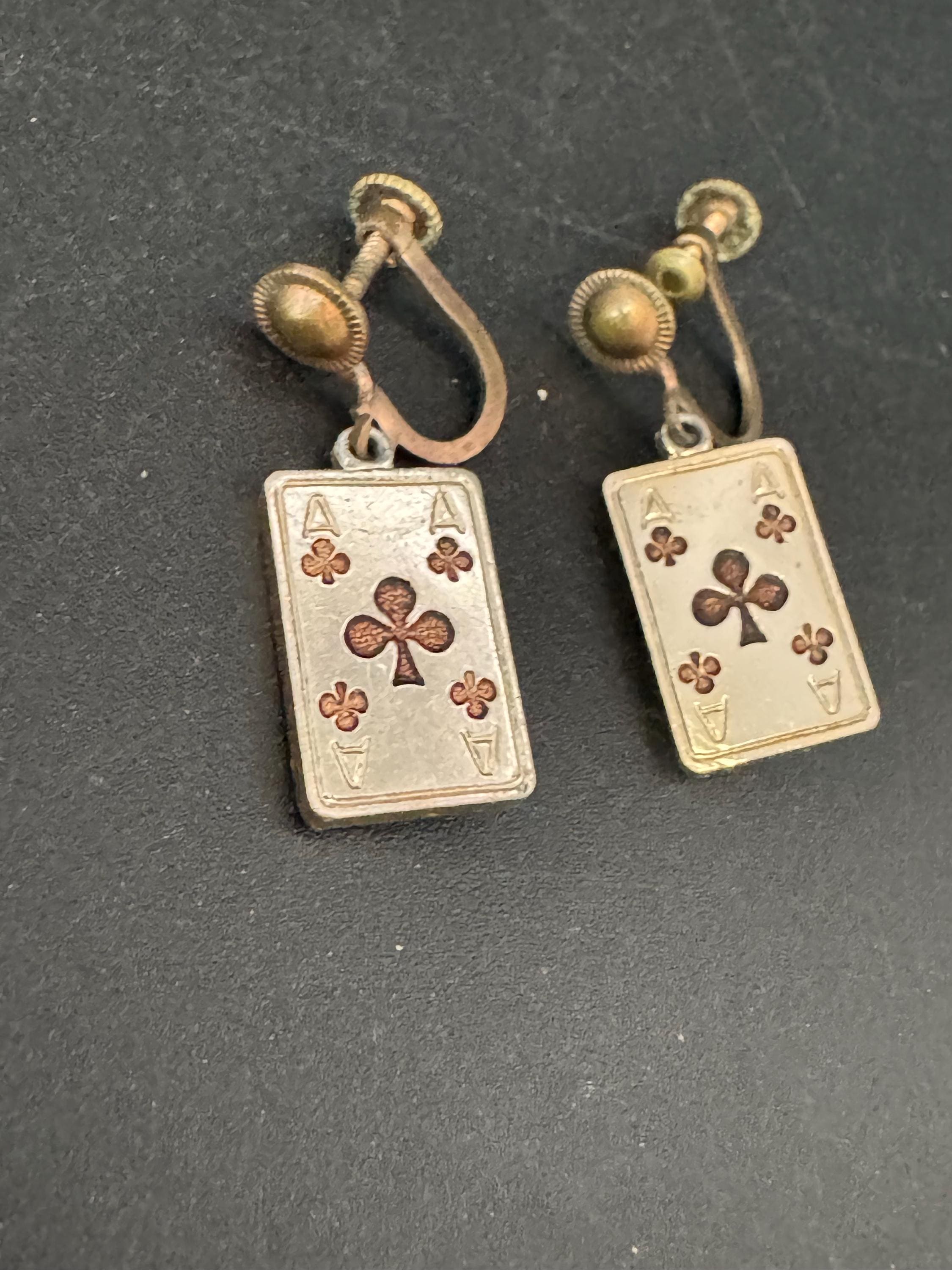 Novelty playing card gold metal clip on screw back earrings 1950s