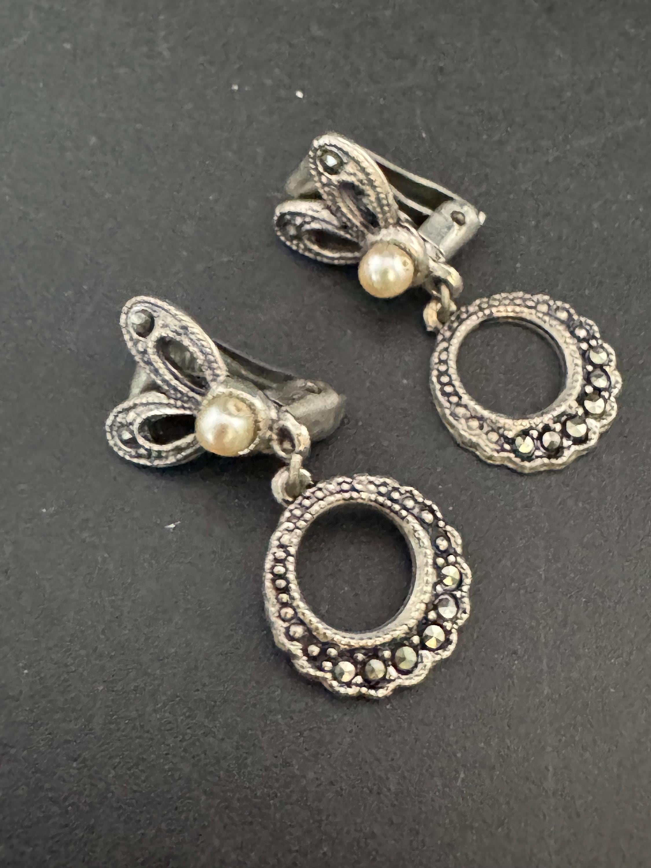 Art Deco Marcasite silver tone  Screwback drop Clip On earrings  vintage