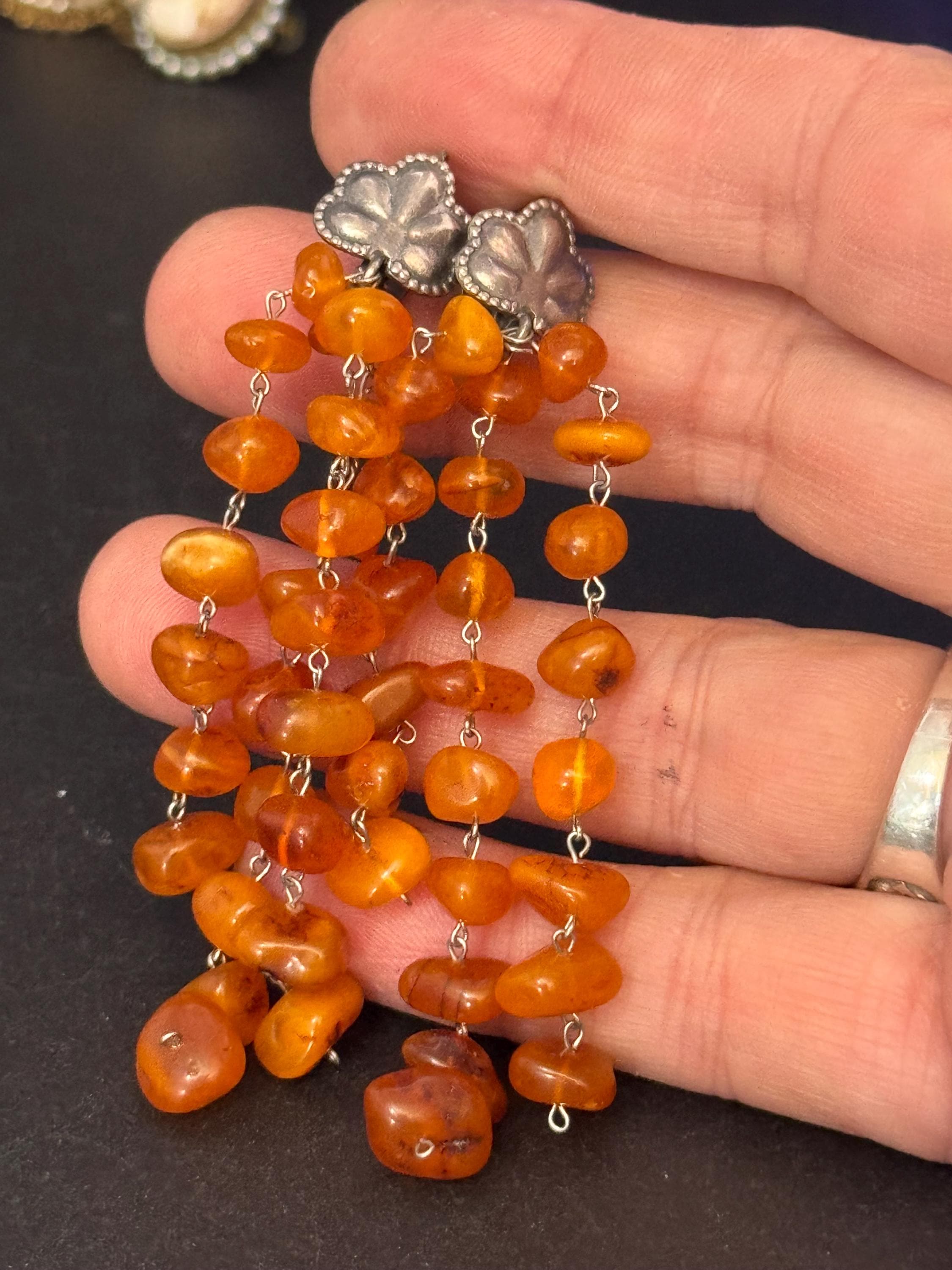 Antique 925 silver bead amber  waterfall tassel earrings , lever back pierced