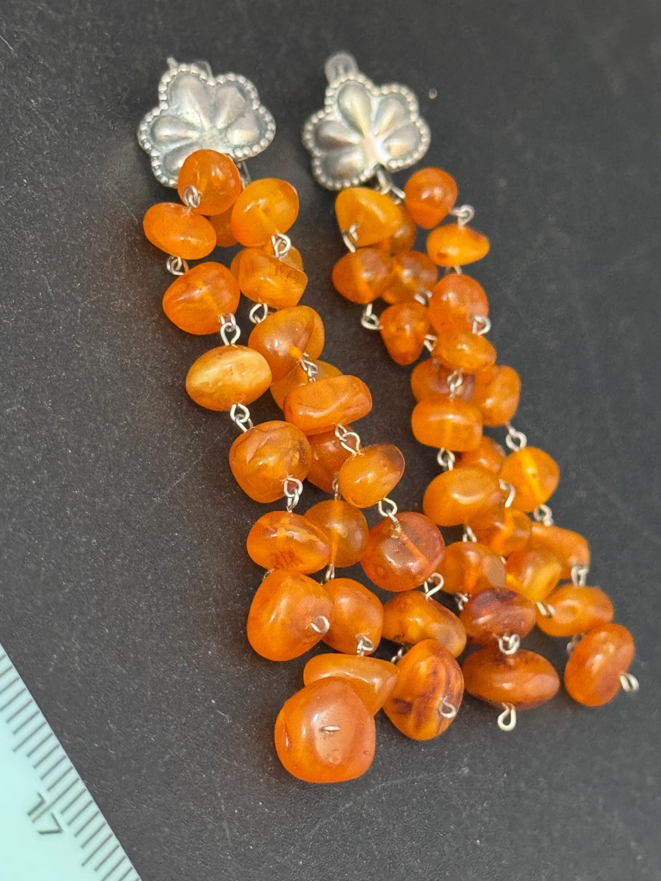 Antique 925 silver bead amber  waterfall tassel earrings , lever back pierced