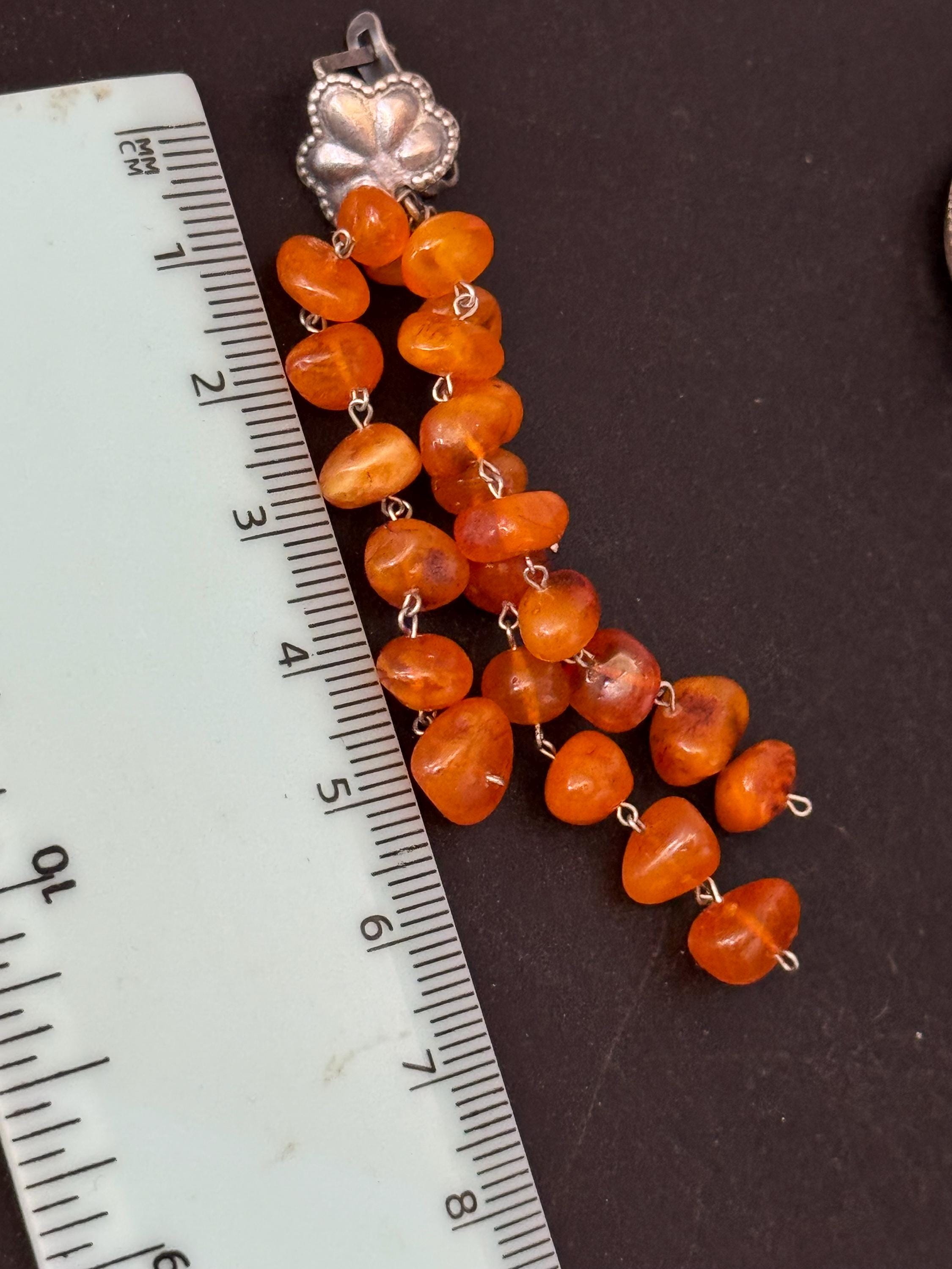 Antique 925 silver bead amber  waterfall tassel earrings , lever back pierced