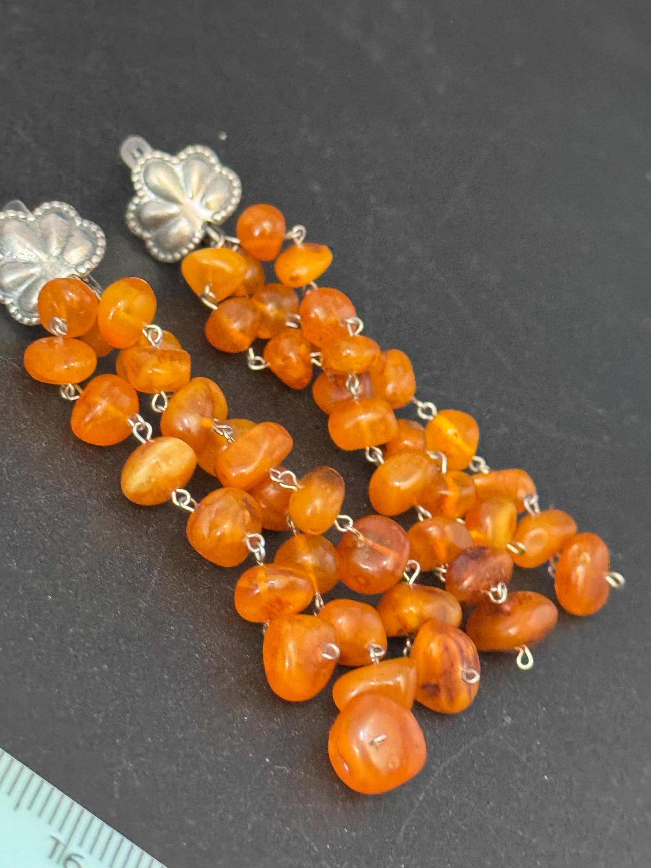 Antique 925 silver bead amber  waterfall tassel earrings , lever back pierced