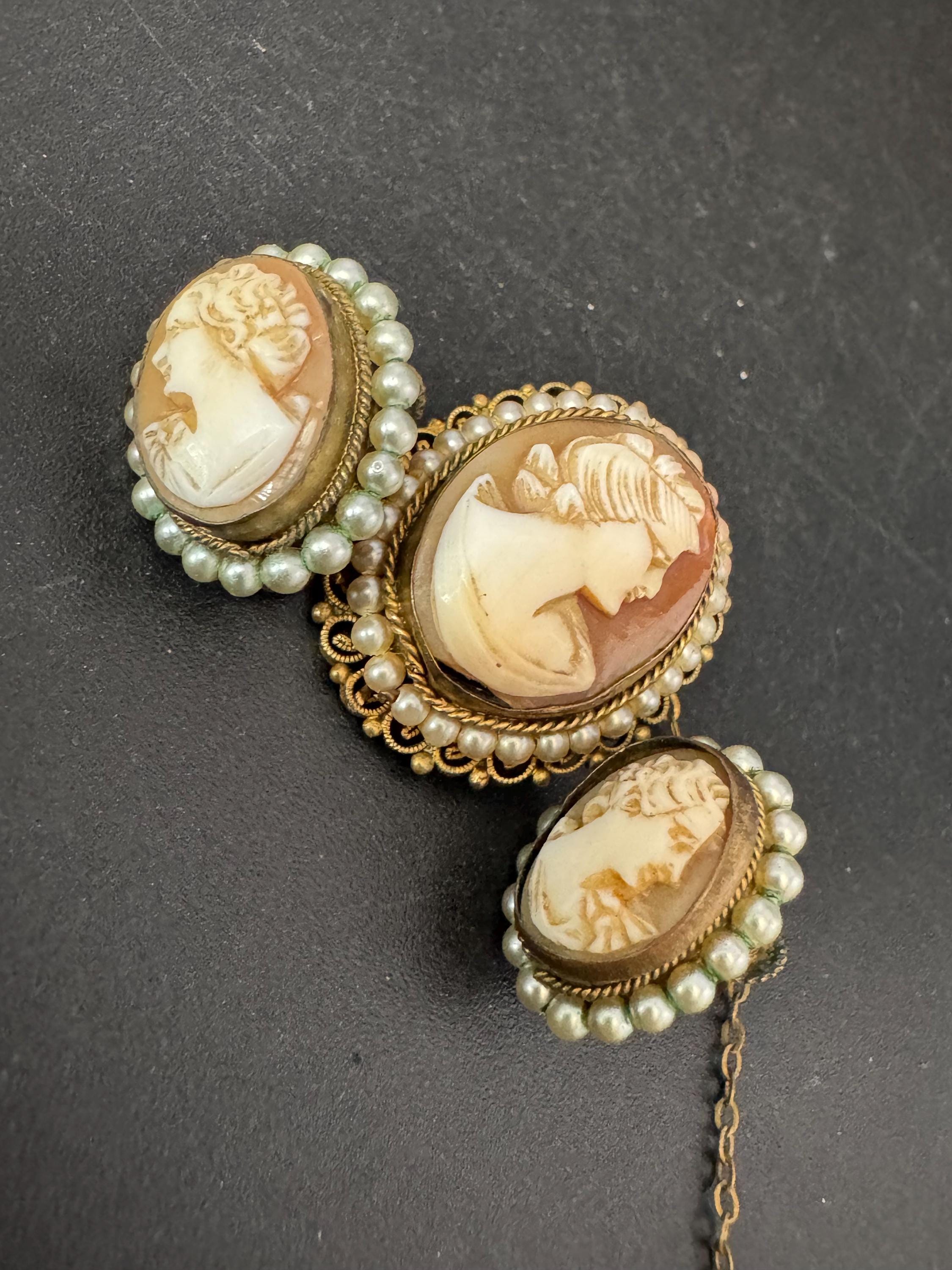 Victorian antique Carved Shell Cameo clip on earrings and brooch set with seed pearls