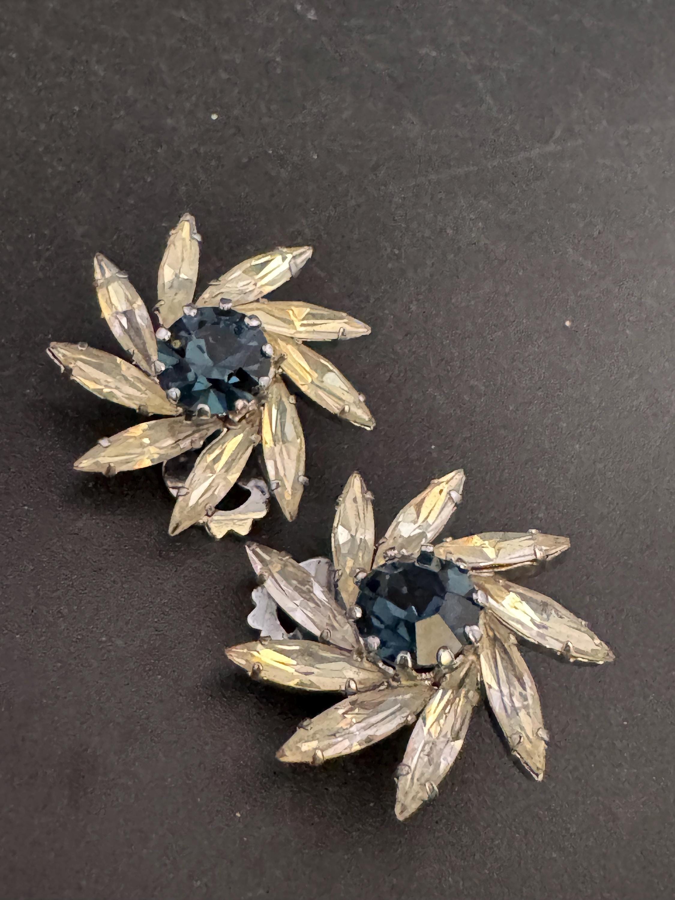 vintage sapphire Blue clear navette glass rhinestone Clip on stud earrings