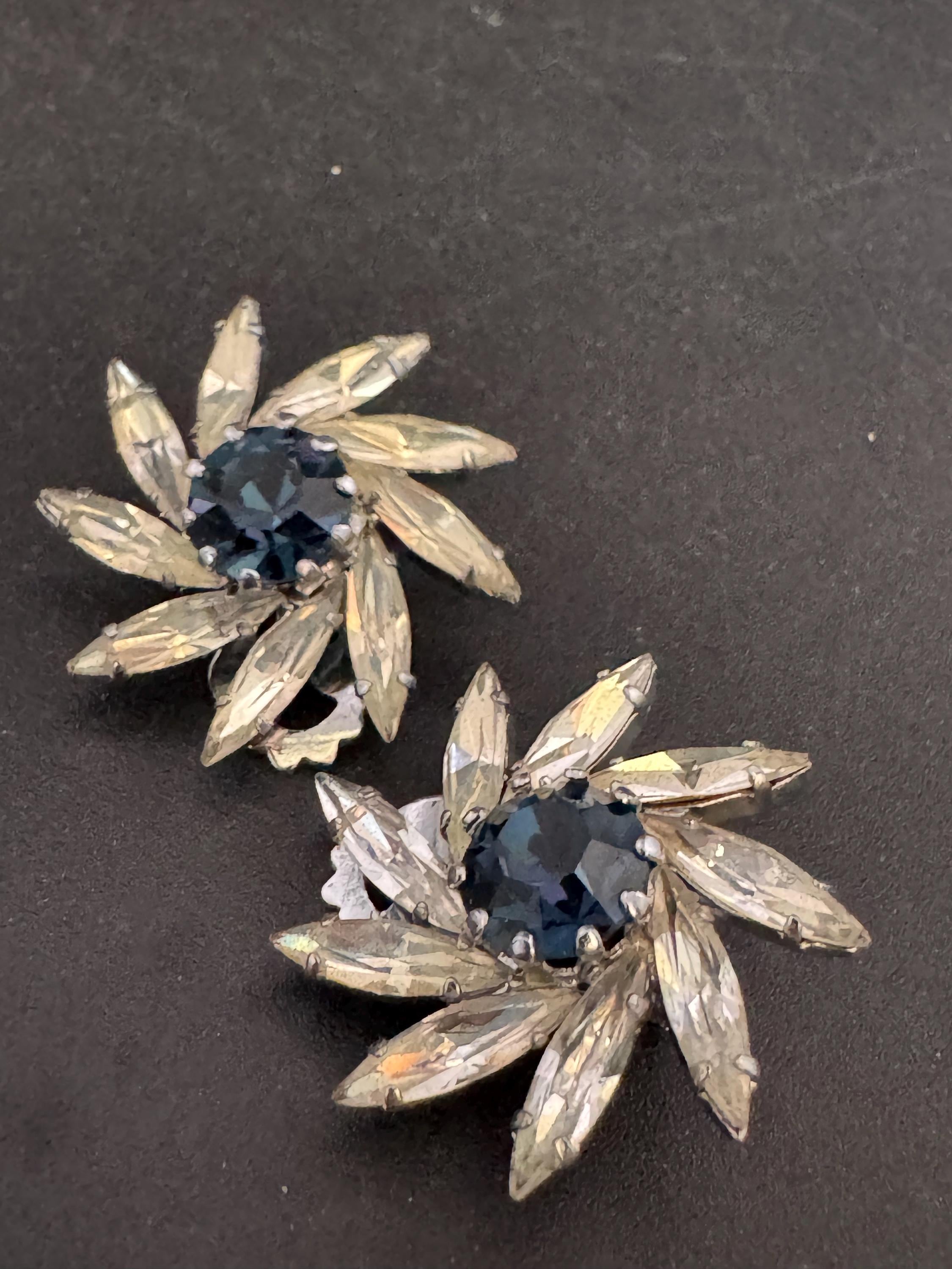vintage sapphire Blue clear navette glass rhinestone Clip on stud earrings