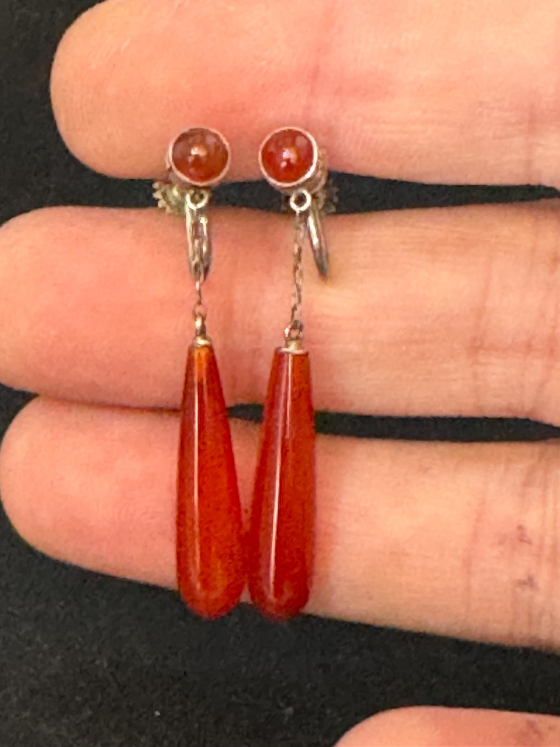Antique Carnelian Teardrop Earrings: 1920s Screw Back Clip-Ons