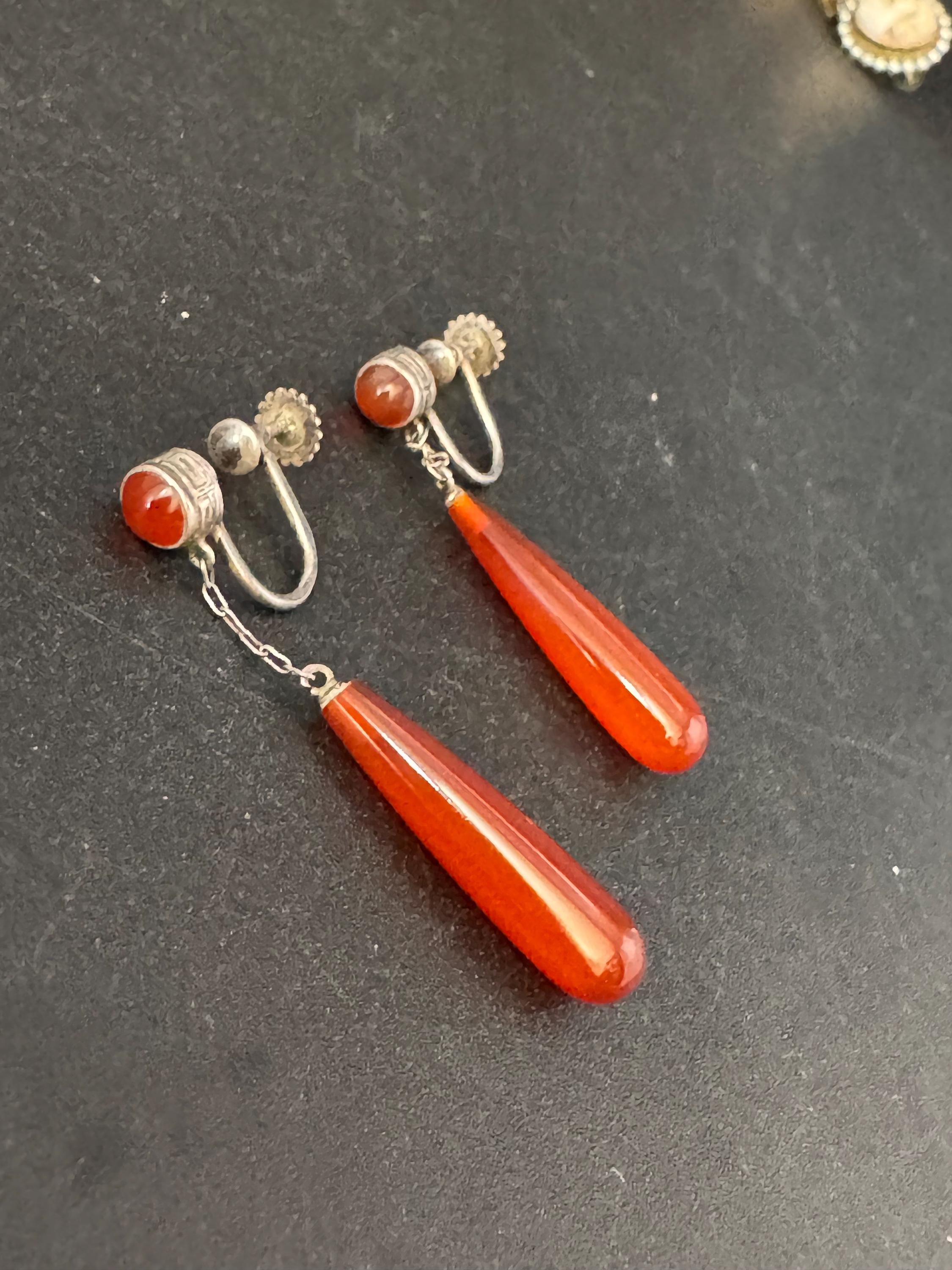 Antique Carnelian Teardrop Earrings: 1920s Screw Back Clip-Ons