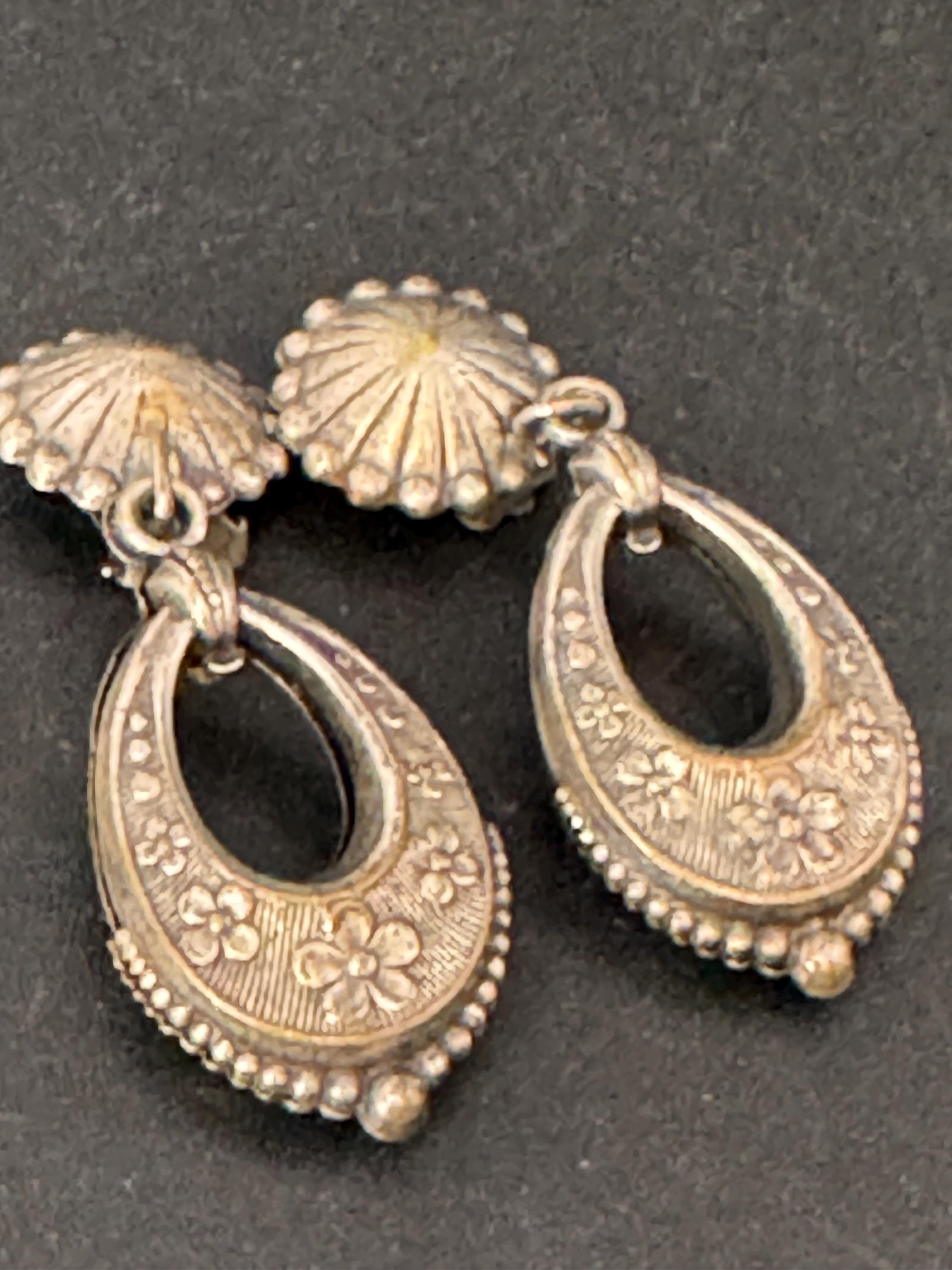 antique Victorian white metal silver etched ornate puffy door knocker earrings
