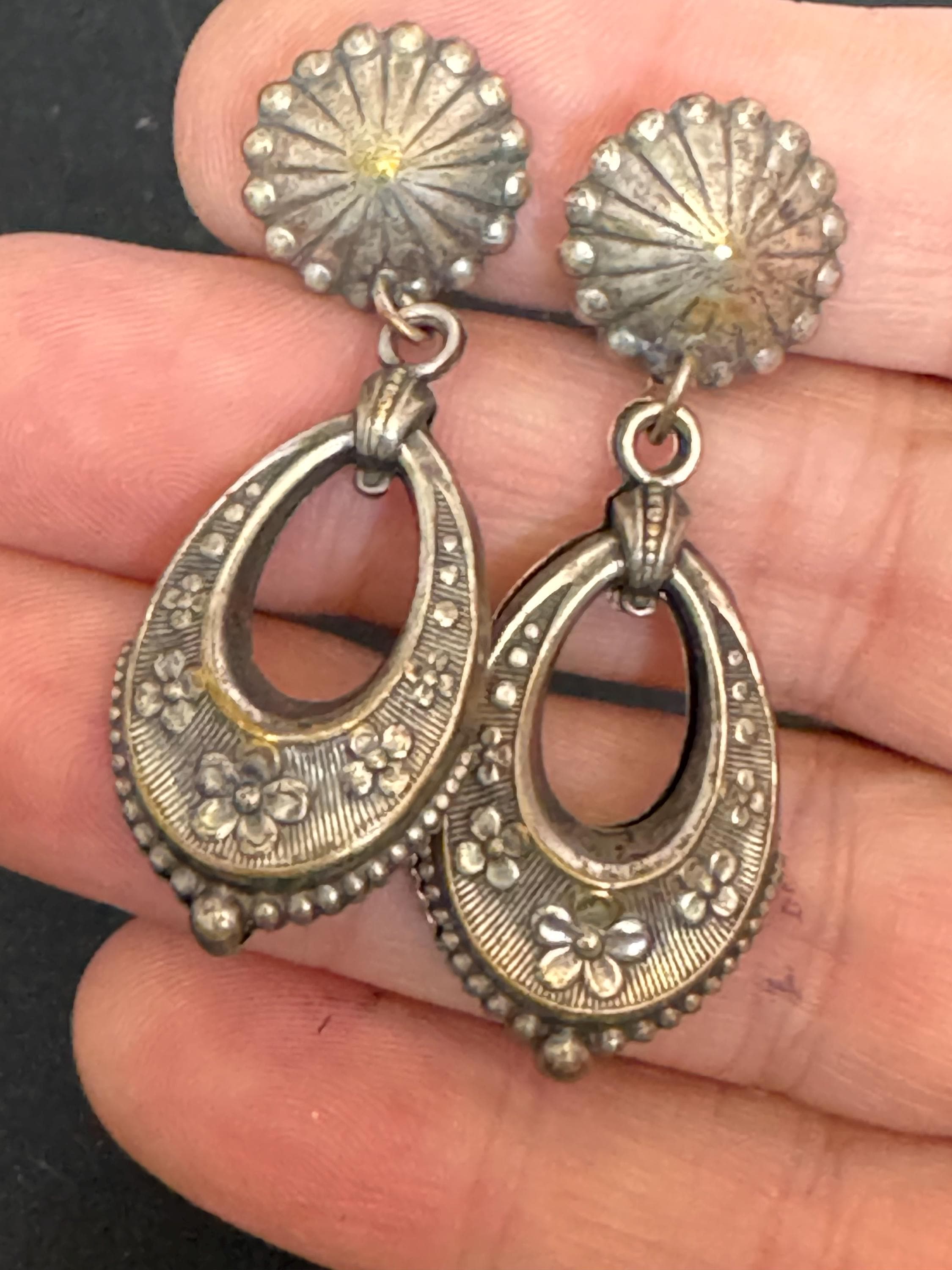 antique Victorian white metal silver etched ornate puffy door knocker earrings