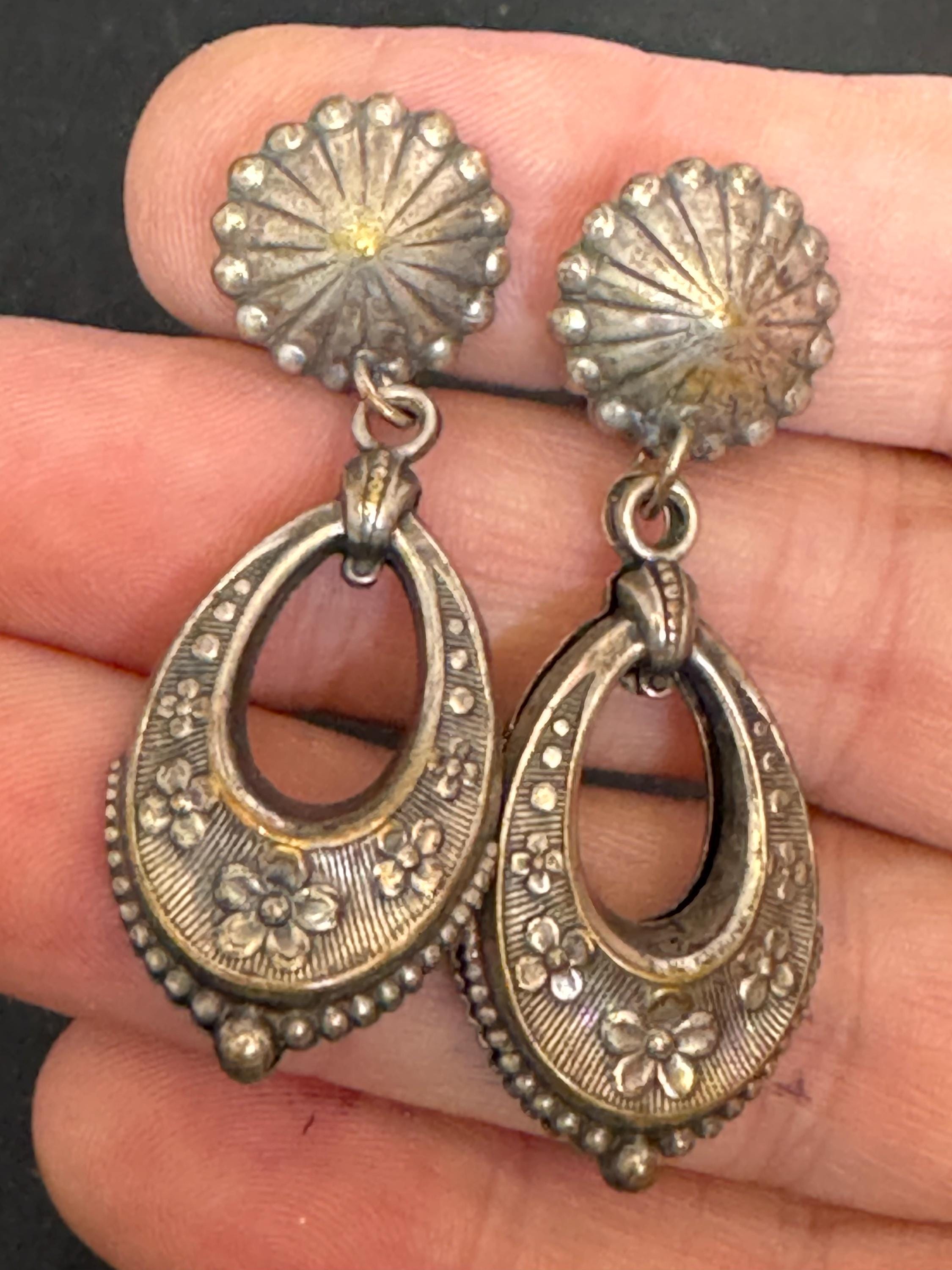 antique Victorian white metal silver etched ornate puffy door knocker earrings