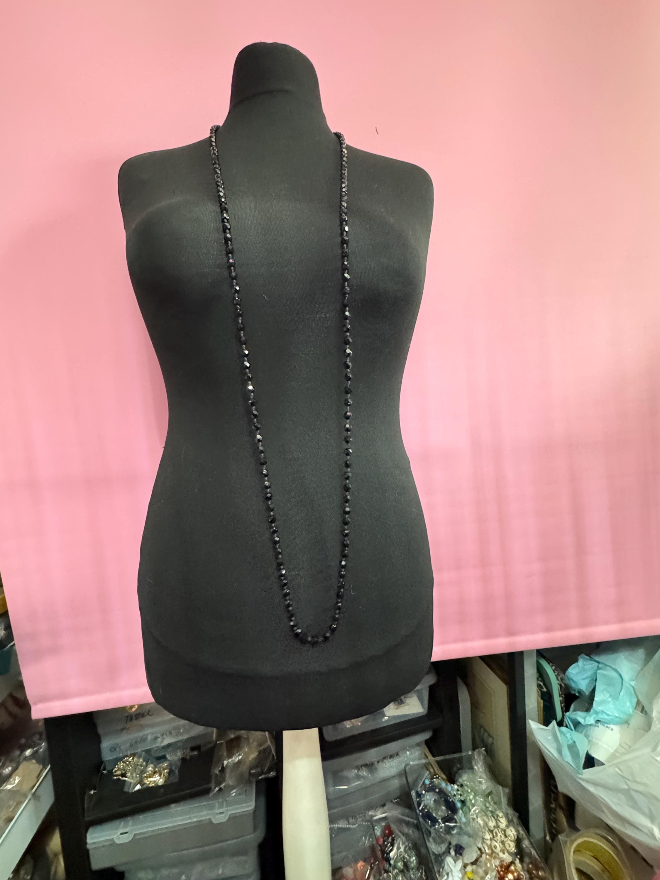 Vintage French Jet Black Glass Flapper Necklace: Long Faceted Art Deco Beads 150cm