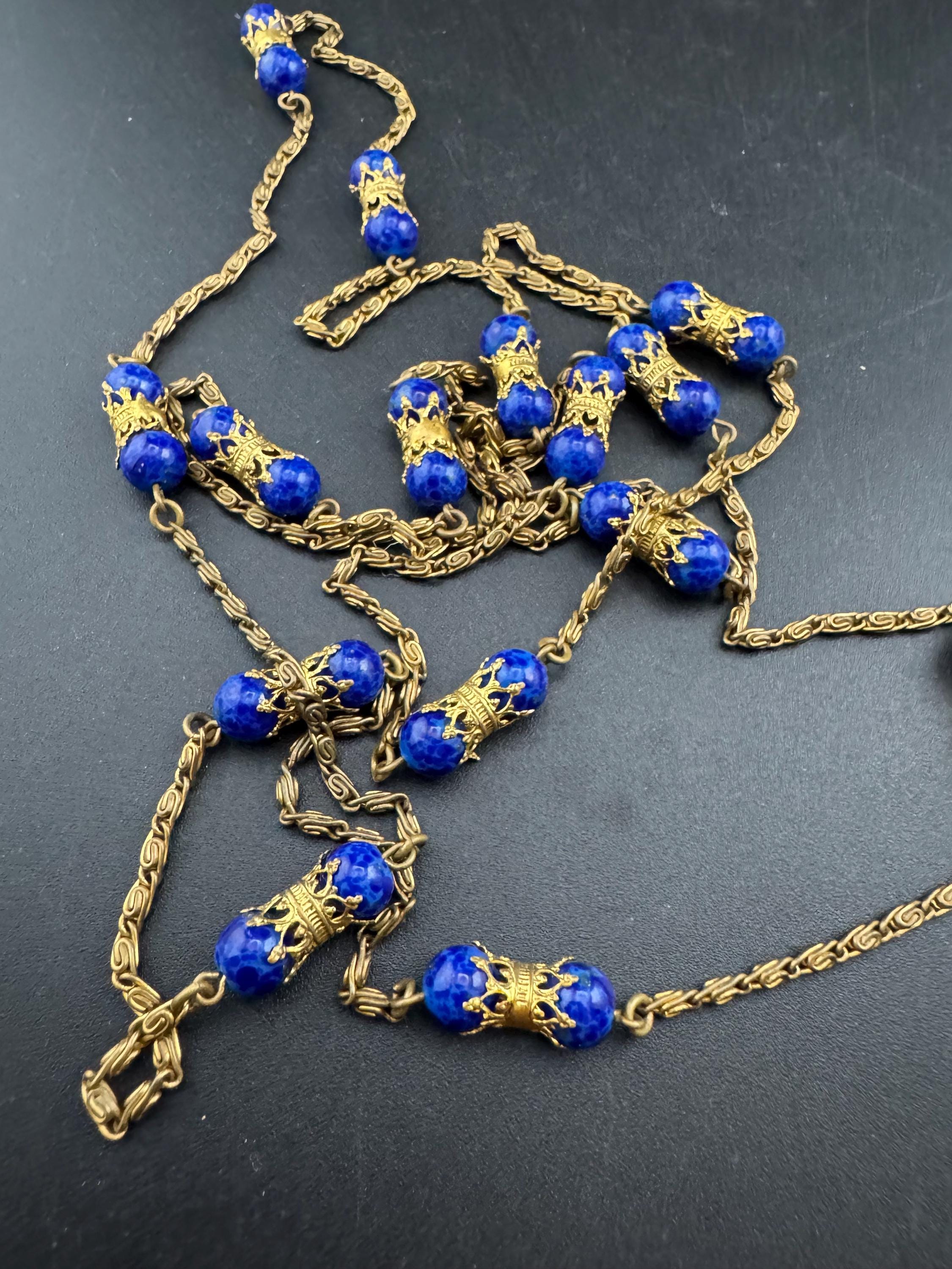Vintage lapis lazuli blue gemstone  beaded necklace, czech filigree 120cm
