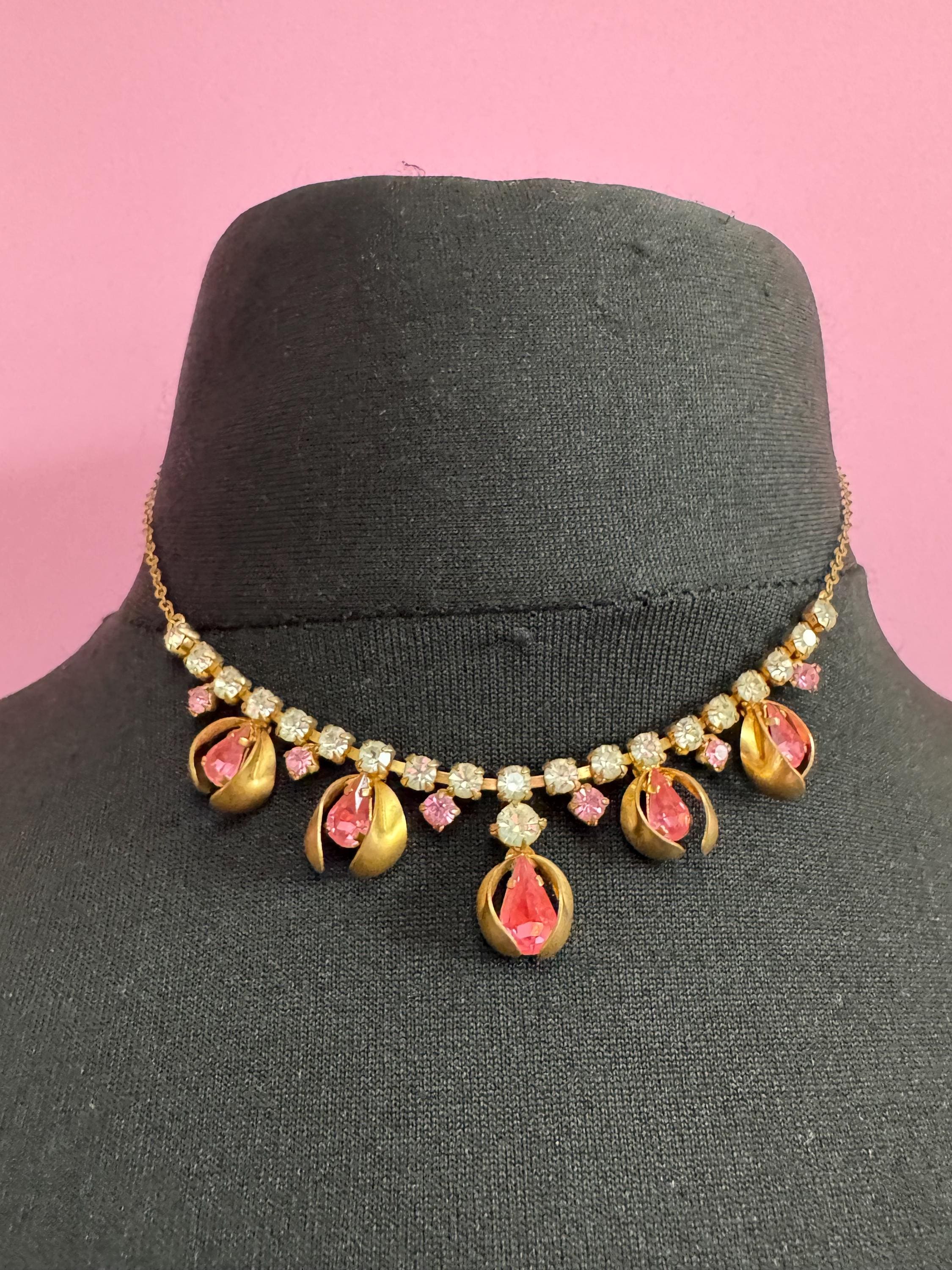 43cm pink diamanté crystal necklace, fine gold tone chain, glass rhinestones, vintage