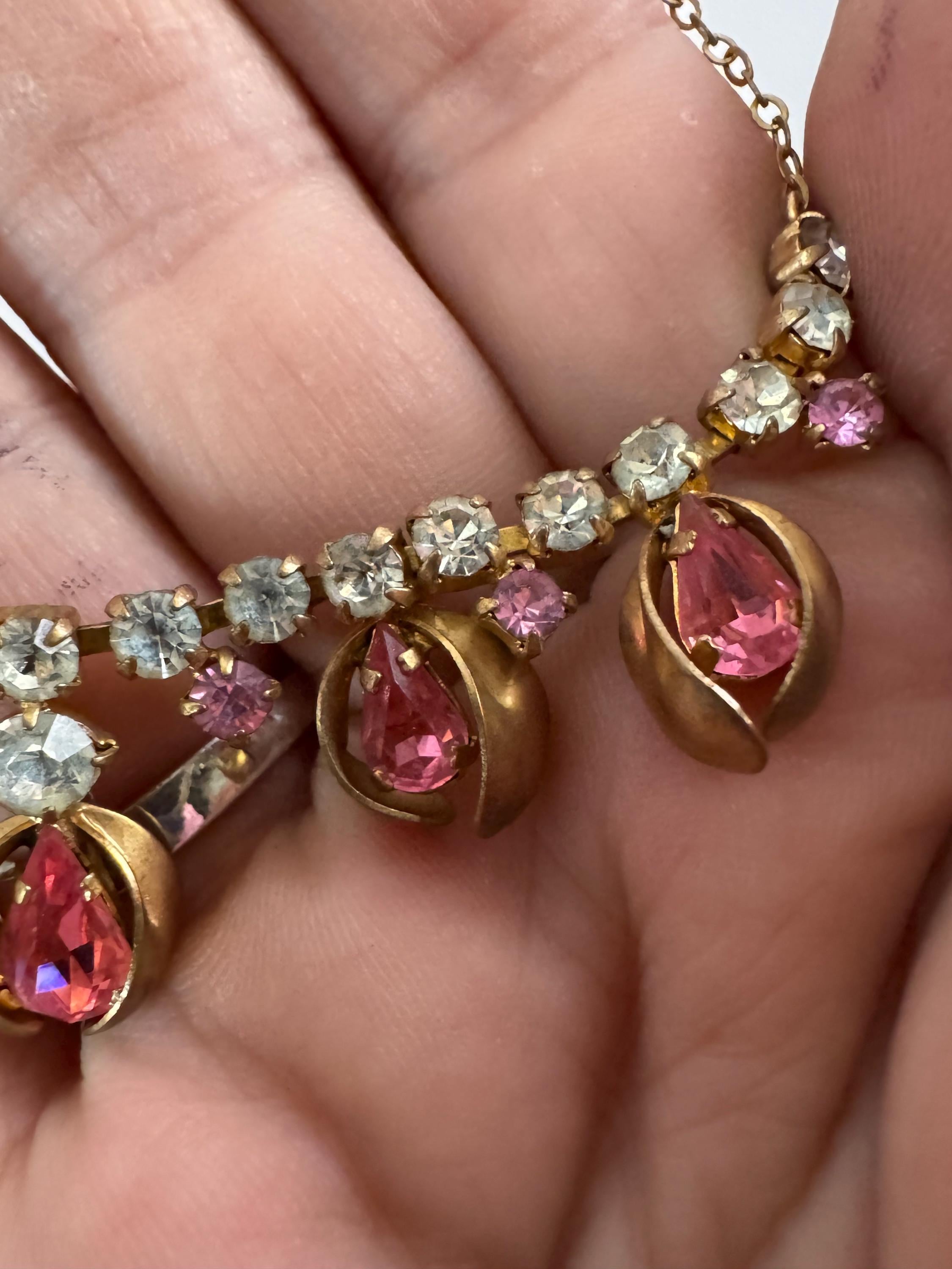 43cm pink diamanté crystal necklace, fine gold tone chain, glass rhinestones, vintage
