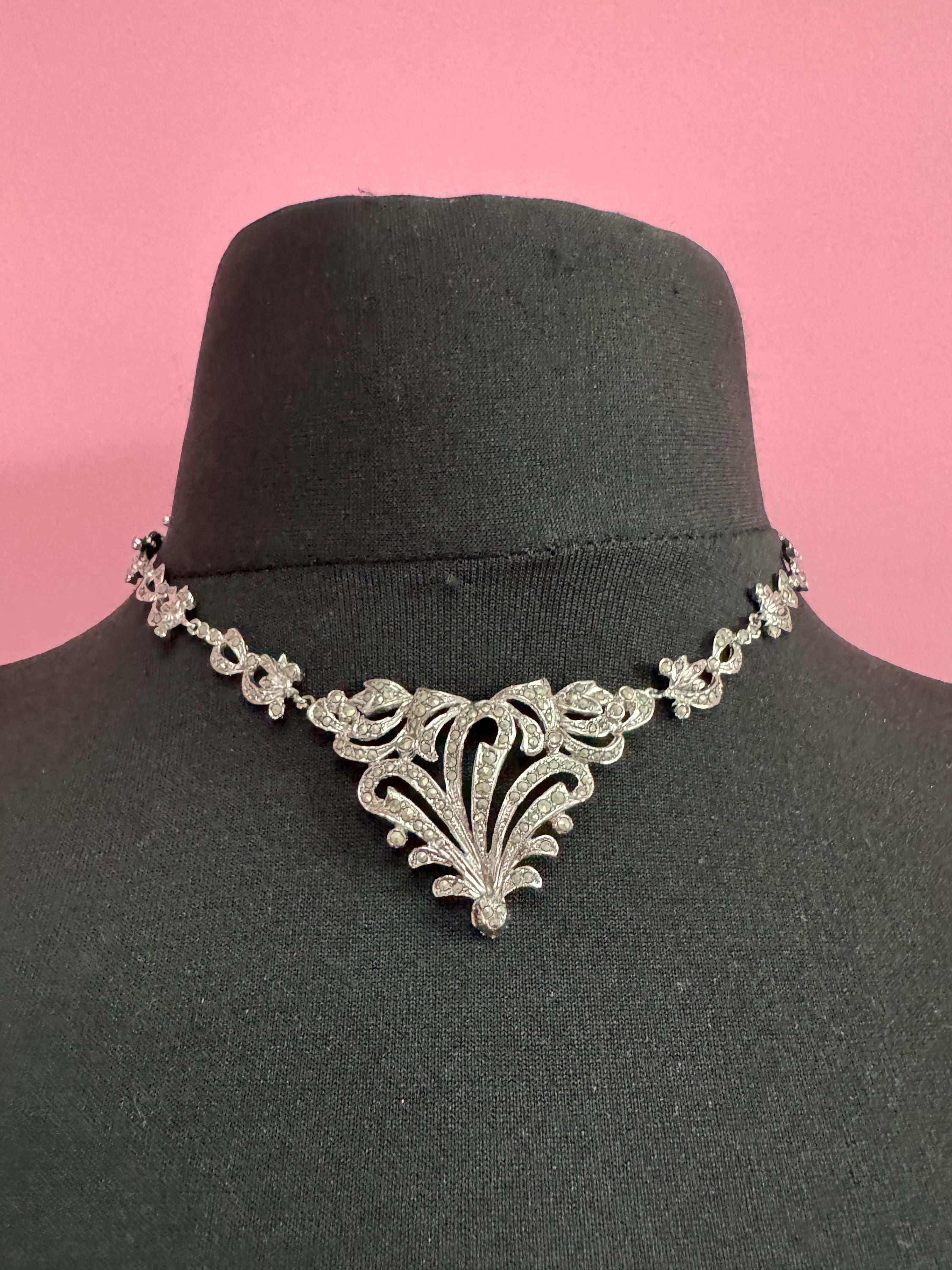 Vintage marcasite Necklace Choker,  Chrome Back 1950s