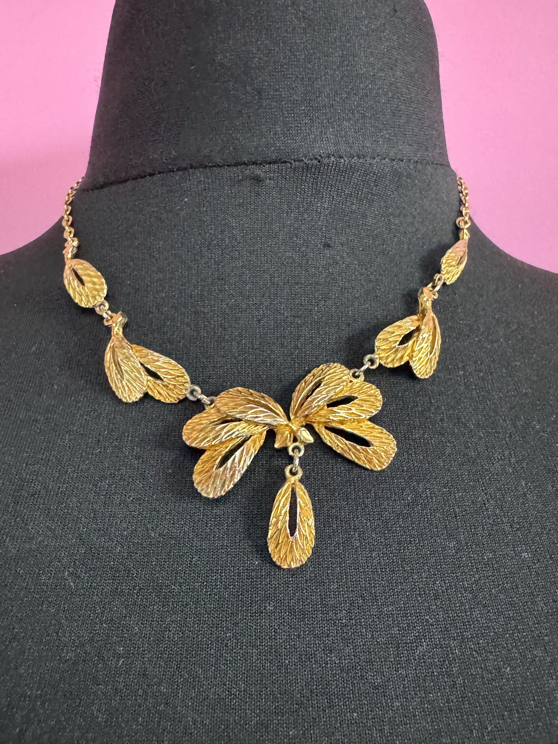 Signed Hollywood gold tone pendant necklace, mid century