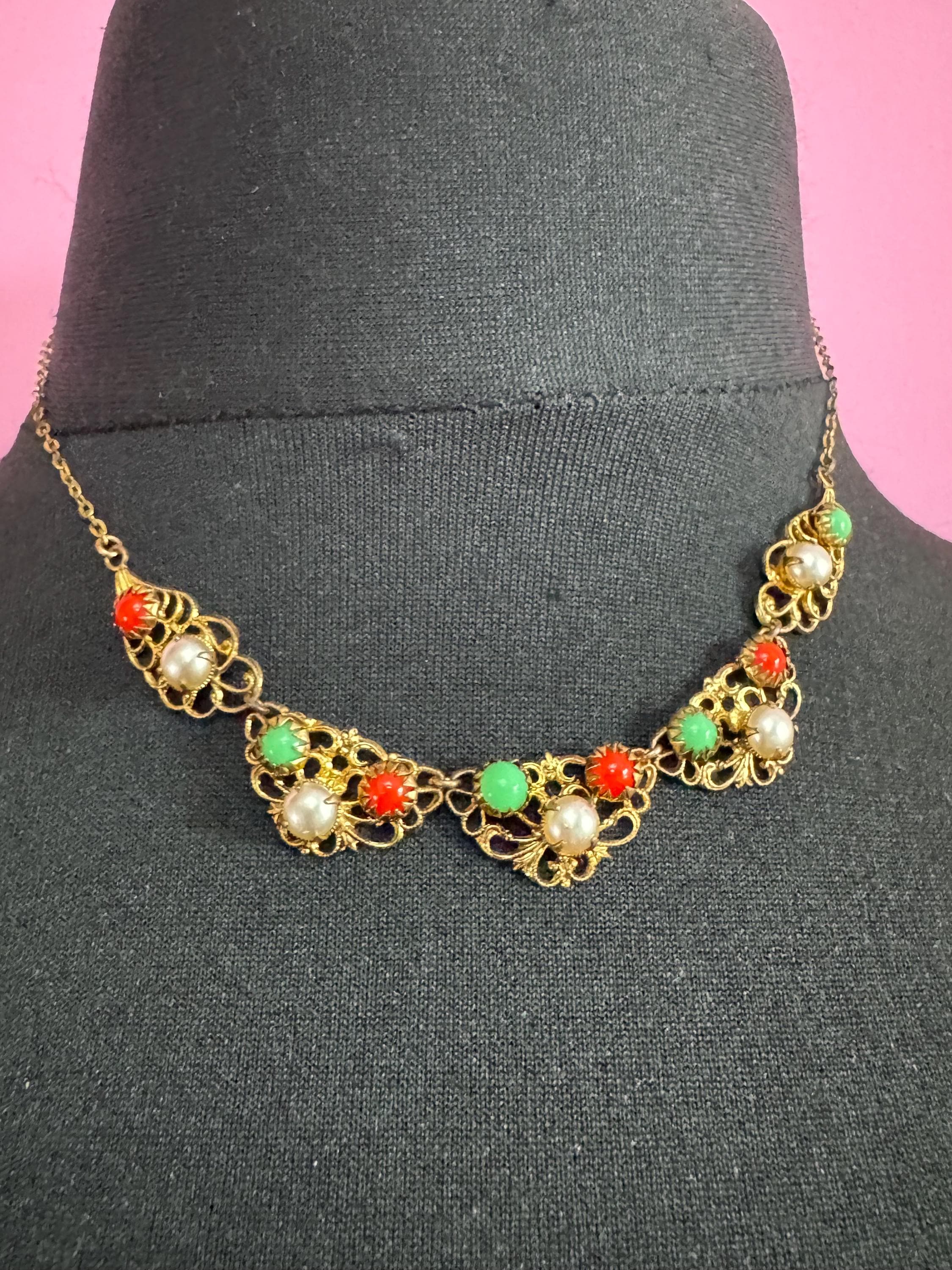 Czech Filigree Peking Green Glass coral pearl necklace,  Max Neiger Style art deco