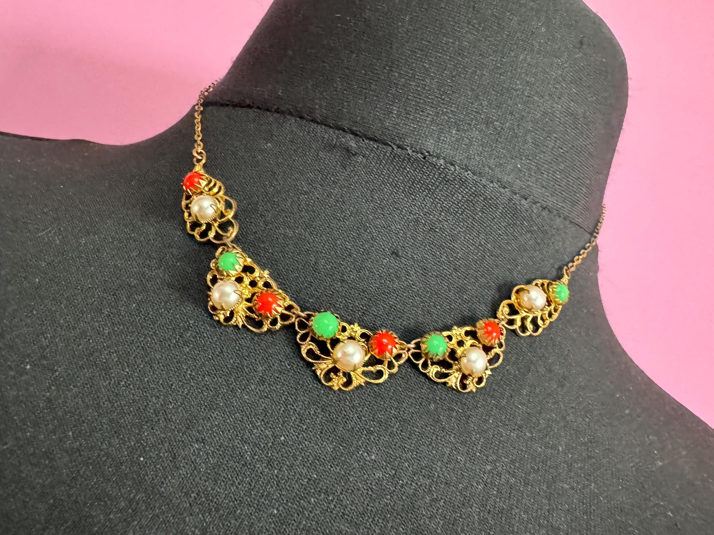 Czech Filigree Peking Green Glass coral pearl necklace,  Max Neiger Style art deco