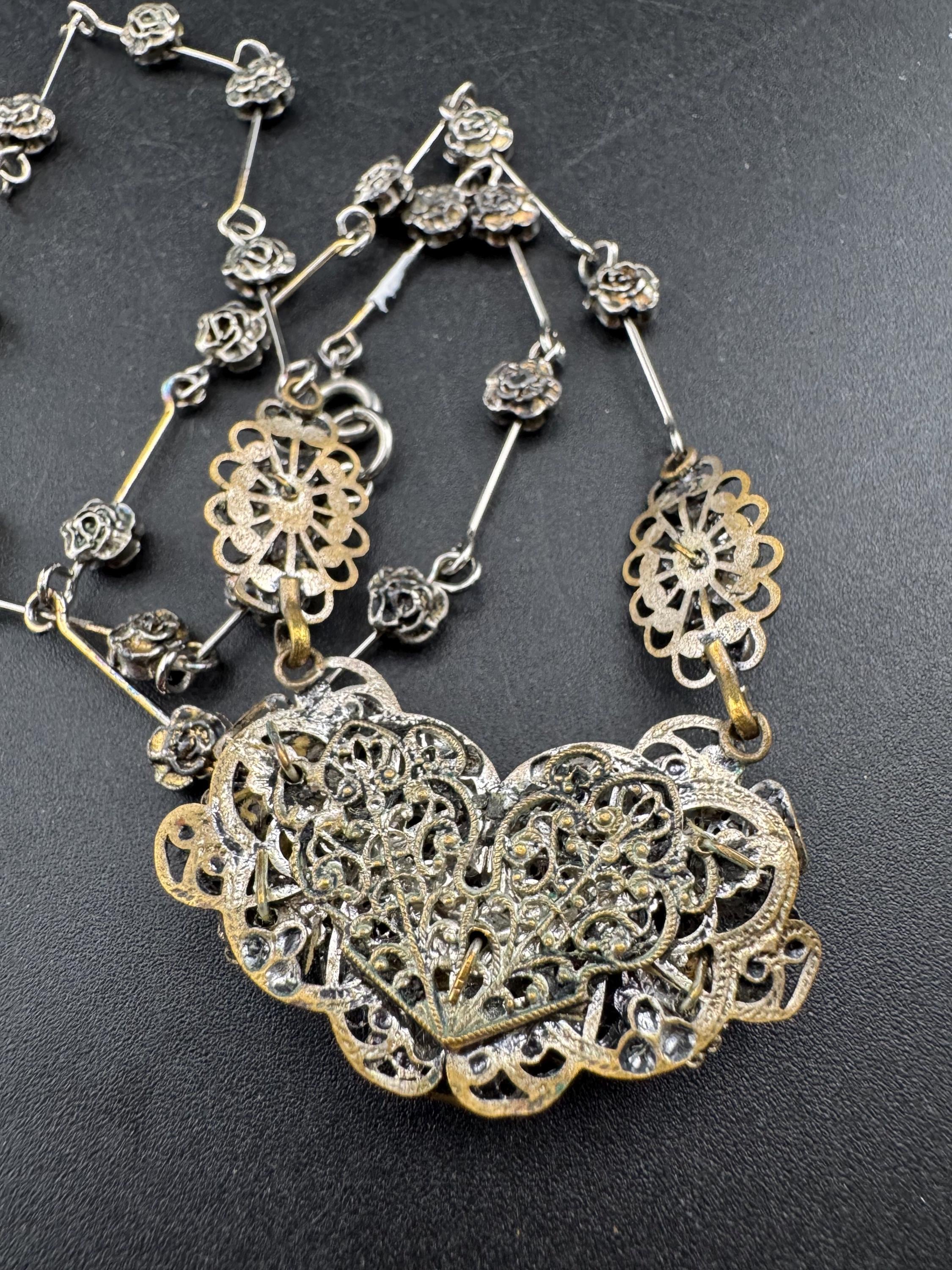 Antique czech filigree necklace with faux pearls collar length