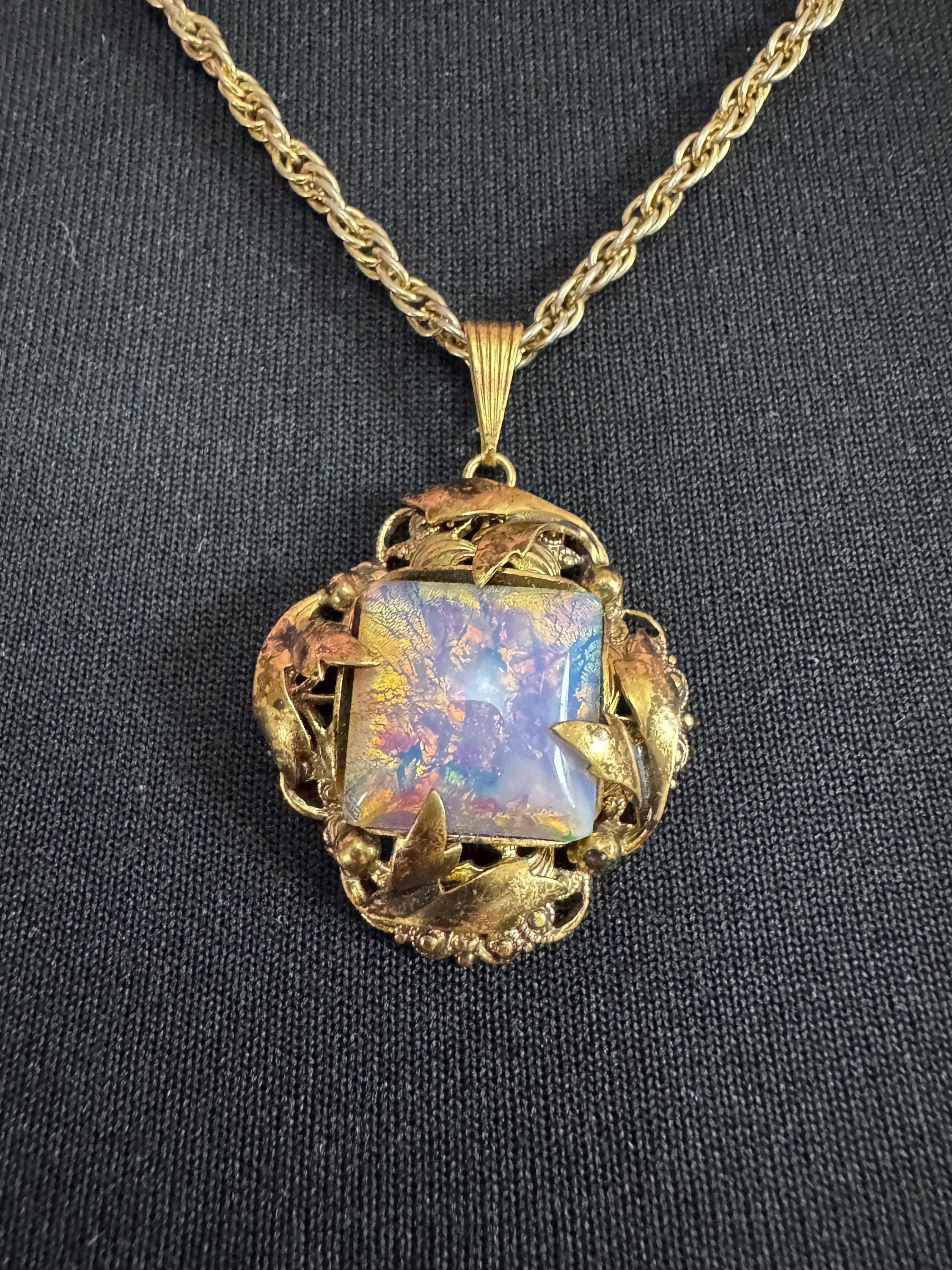 Vintage pink opaline cabochon Pendant Necklace, Czech filigree on later rope chain