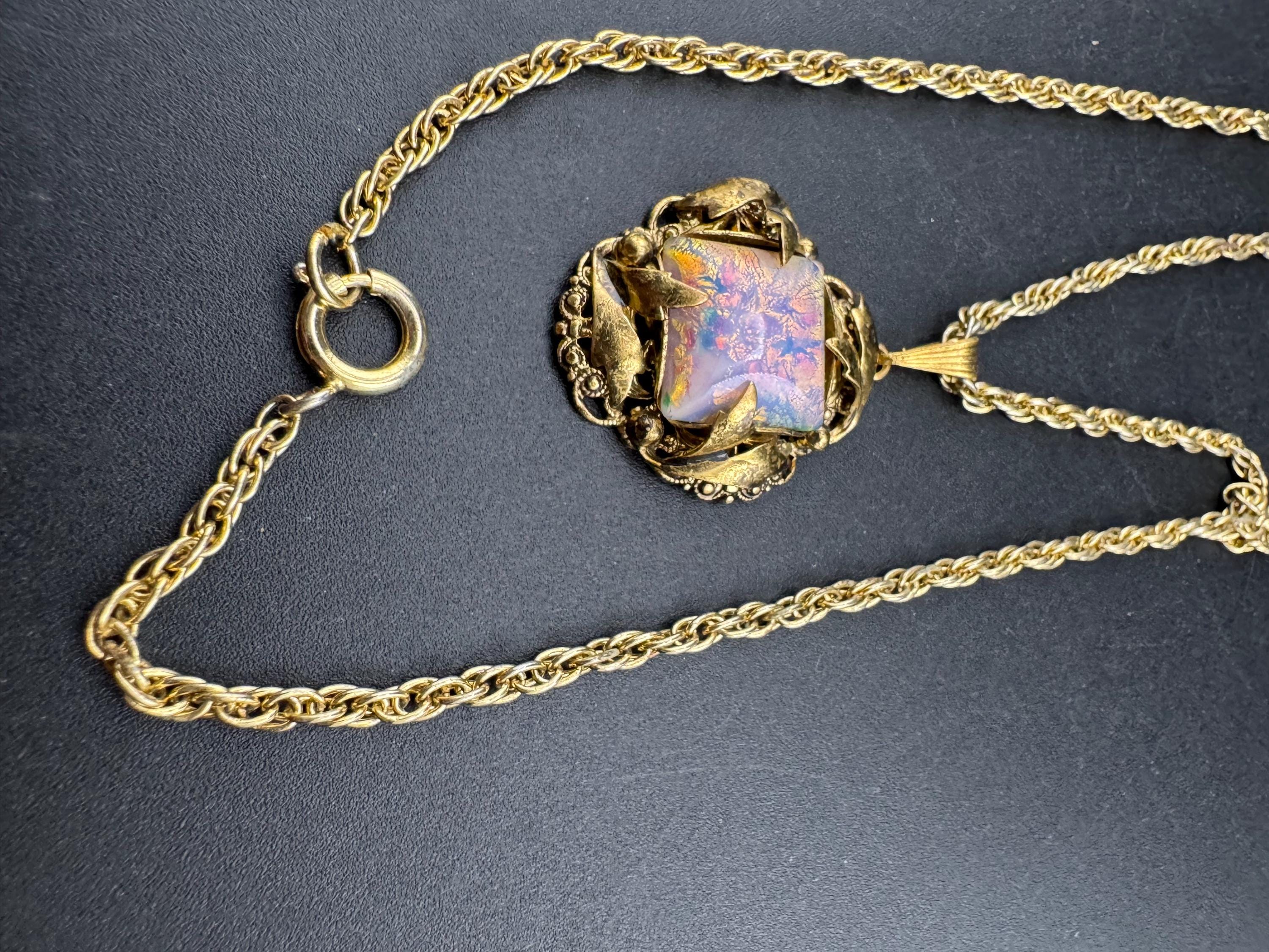 Vintage pink opaline cabochon Pendant Necklace, Czech filigree on later rope chain