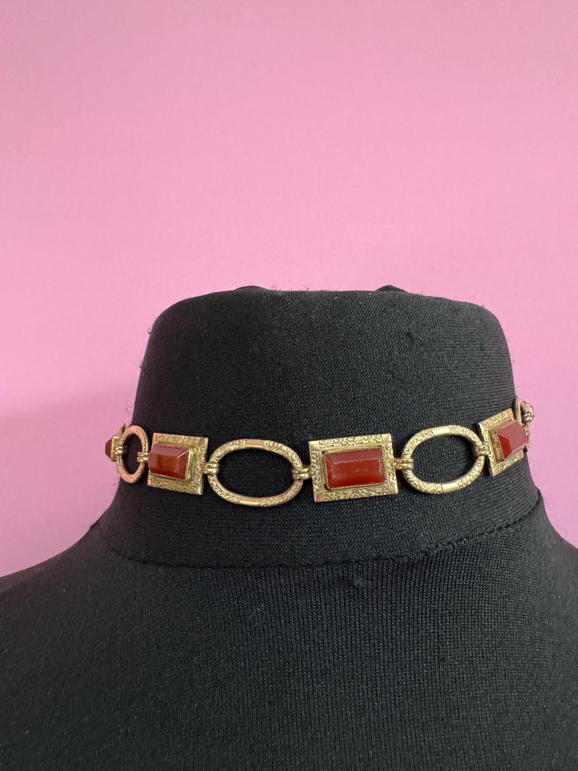Antique Edwardian carnelian gilt metal choker necklace, petite 38cm gemstone