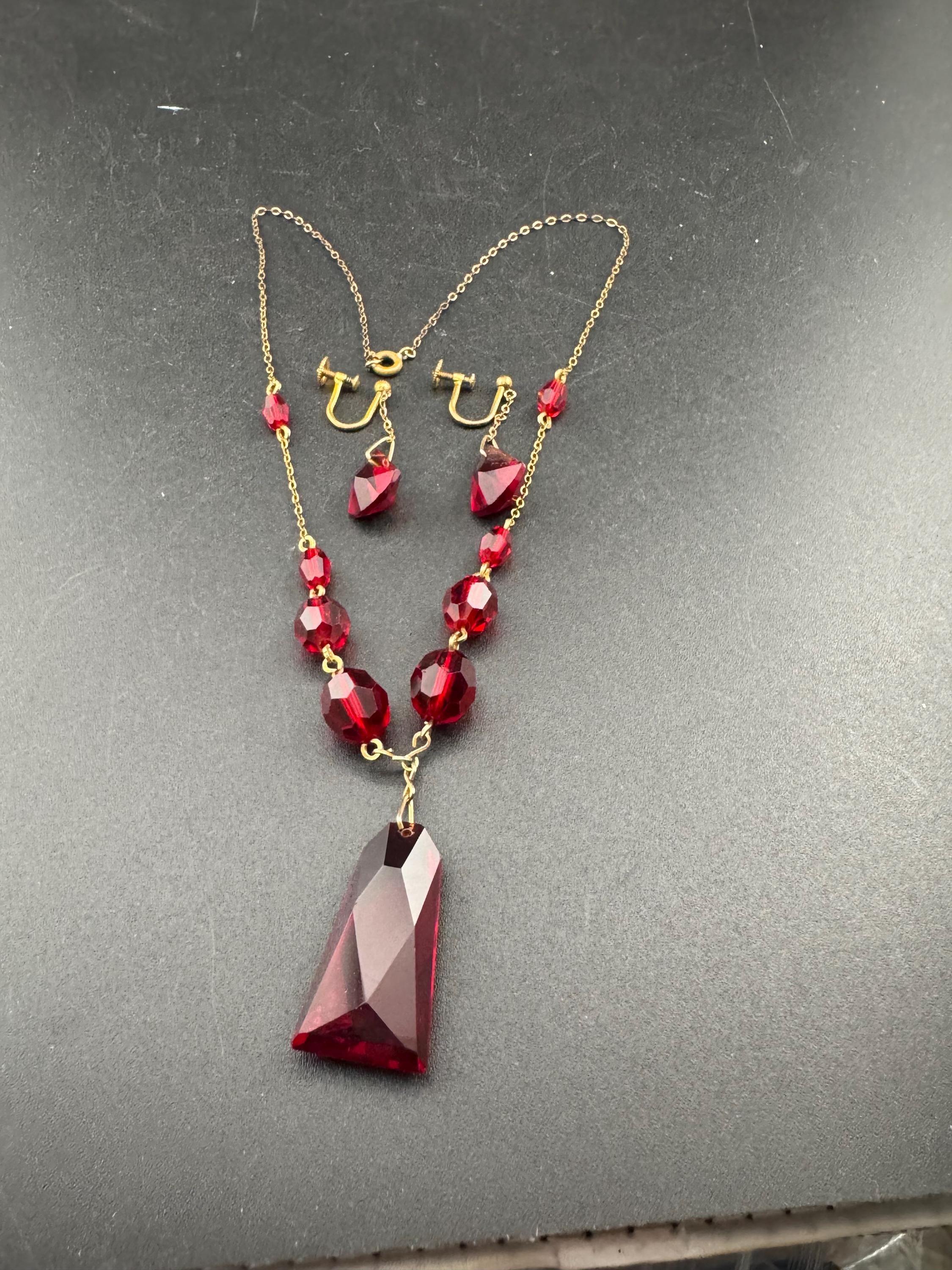 Vintage Art Deco Ruby Red Czech Crystal Jewelry Set