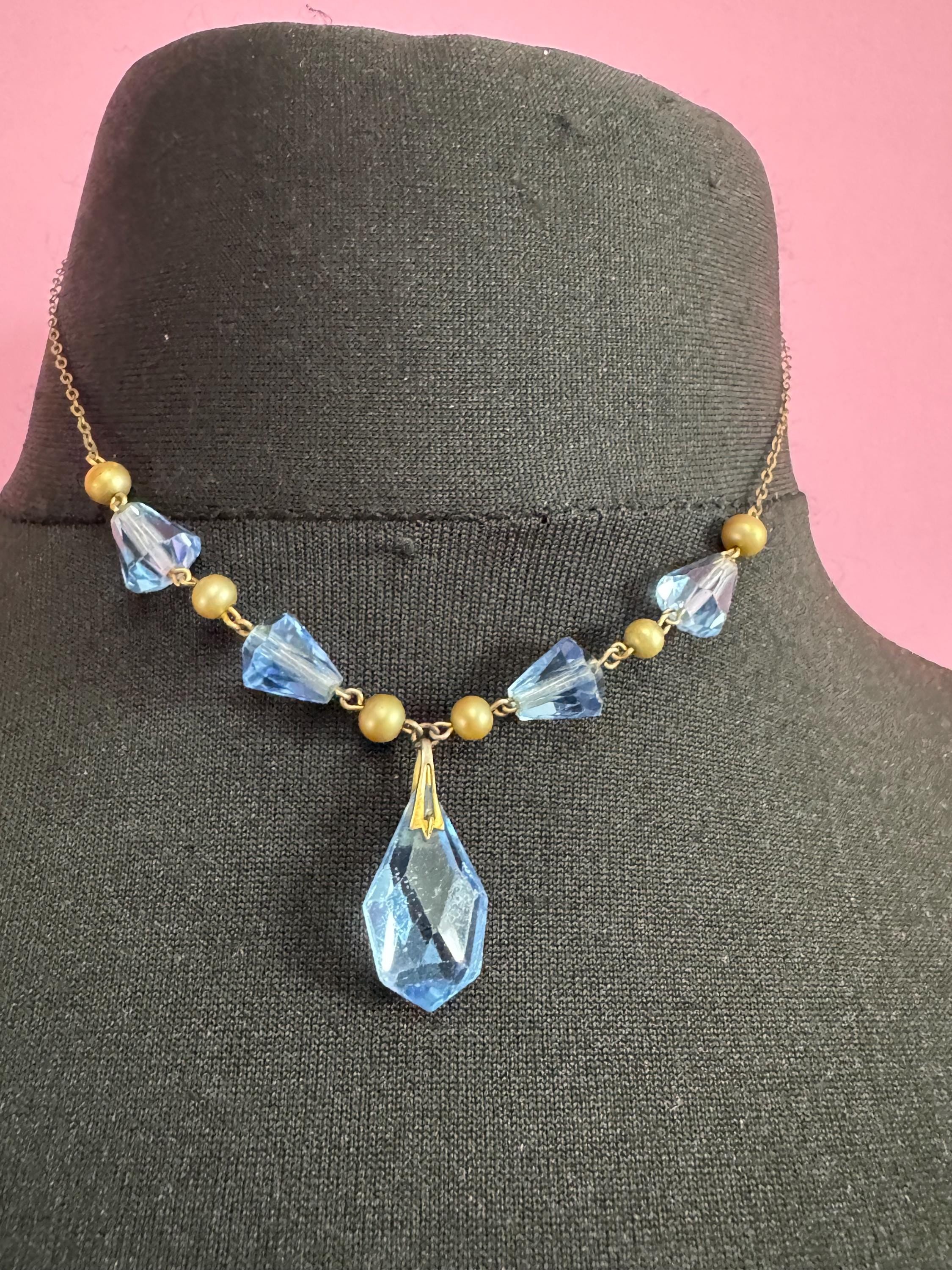 Dainty Art Deco czech blue glass crystal beaded dropper necklace with faux pearls , gilt metal