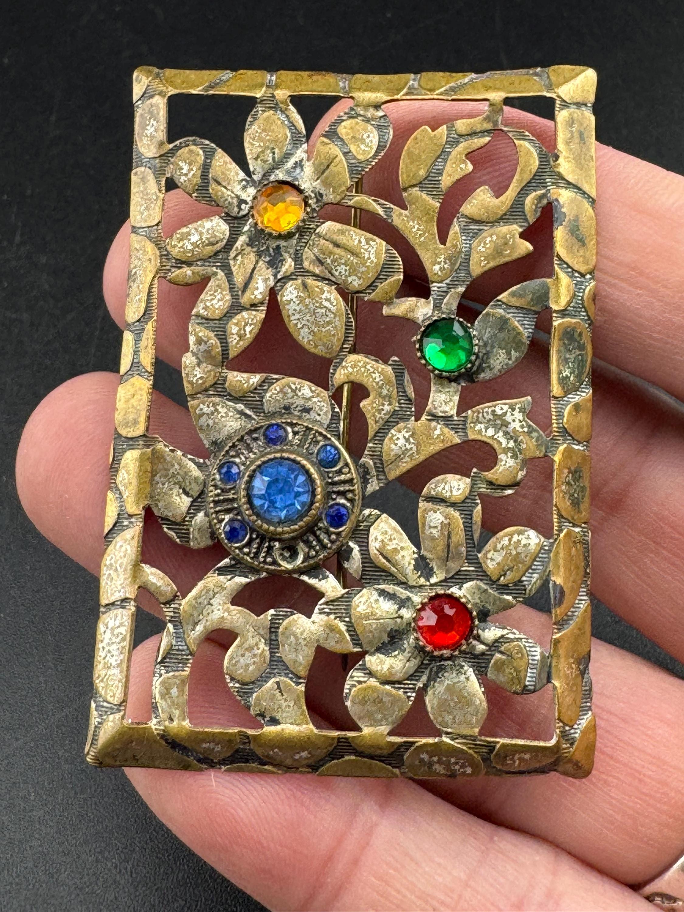 Art Deco 6cm Czech Brass Brooch: coloured rhinestone Flowers, c clasp