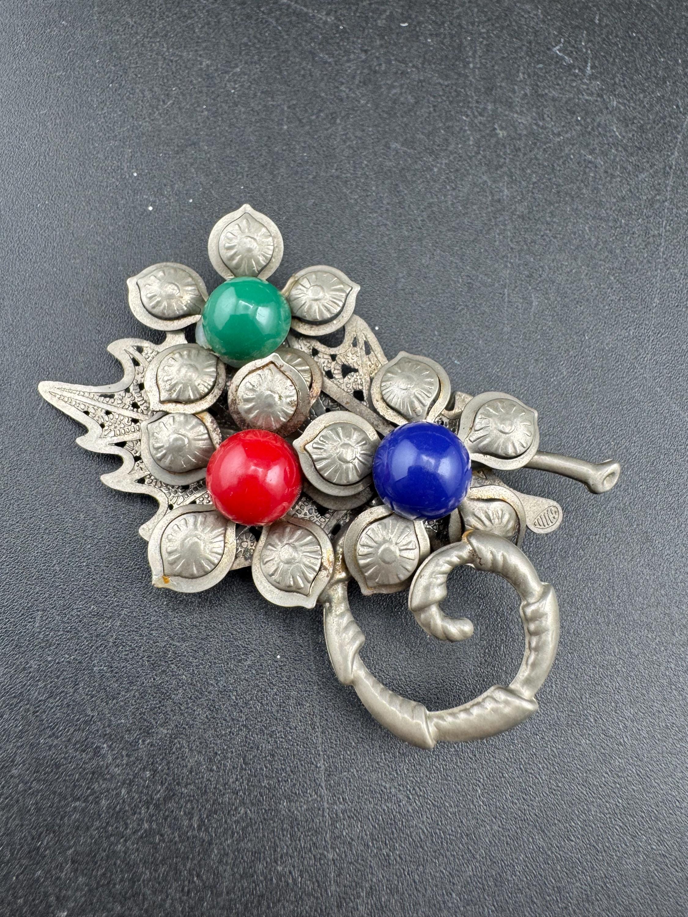 Czech Brooch with red blue green  cabochons, silver pressed metal