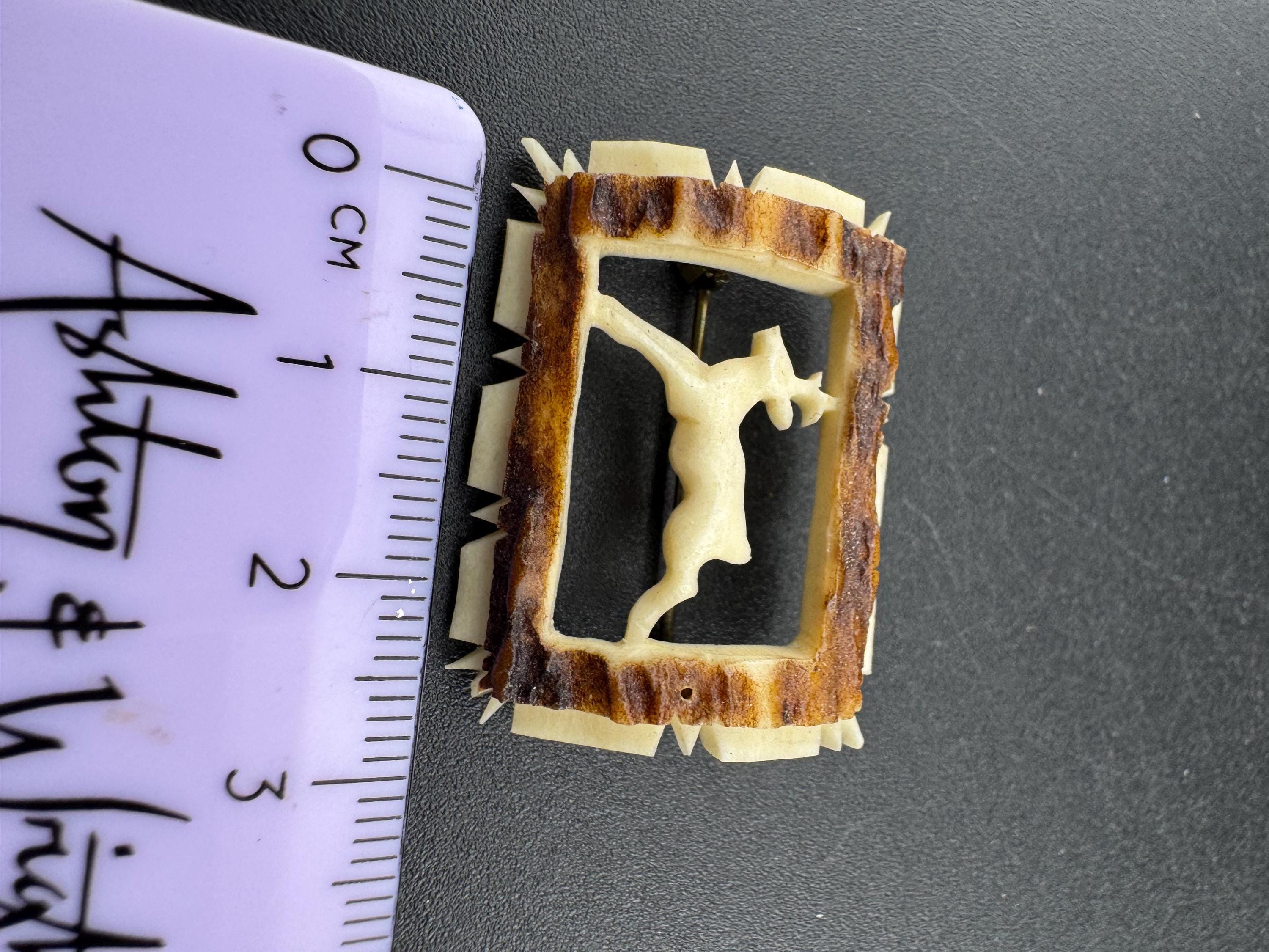 Vintage cream celluloid woodland stag brooch, cut out work early plastic 1930s