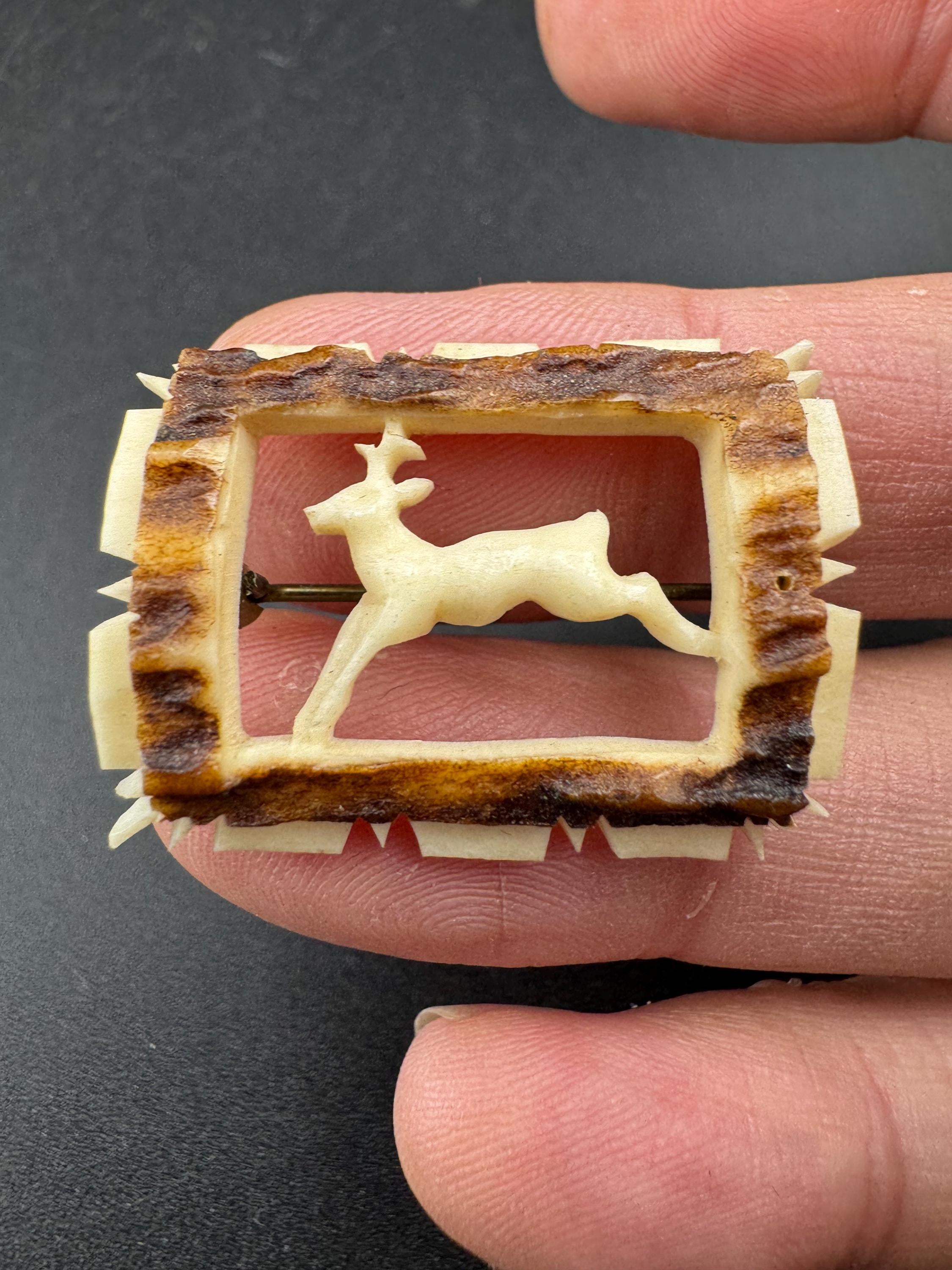 Vintage cream celluloid woodland stag brooch, cut out work early plastic 1930s