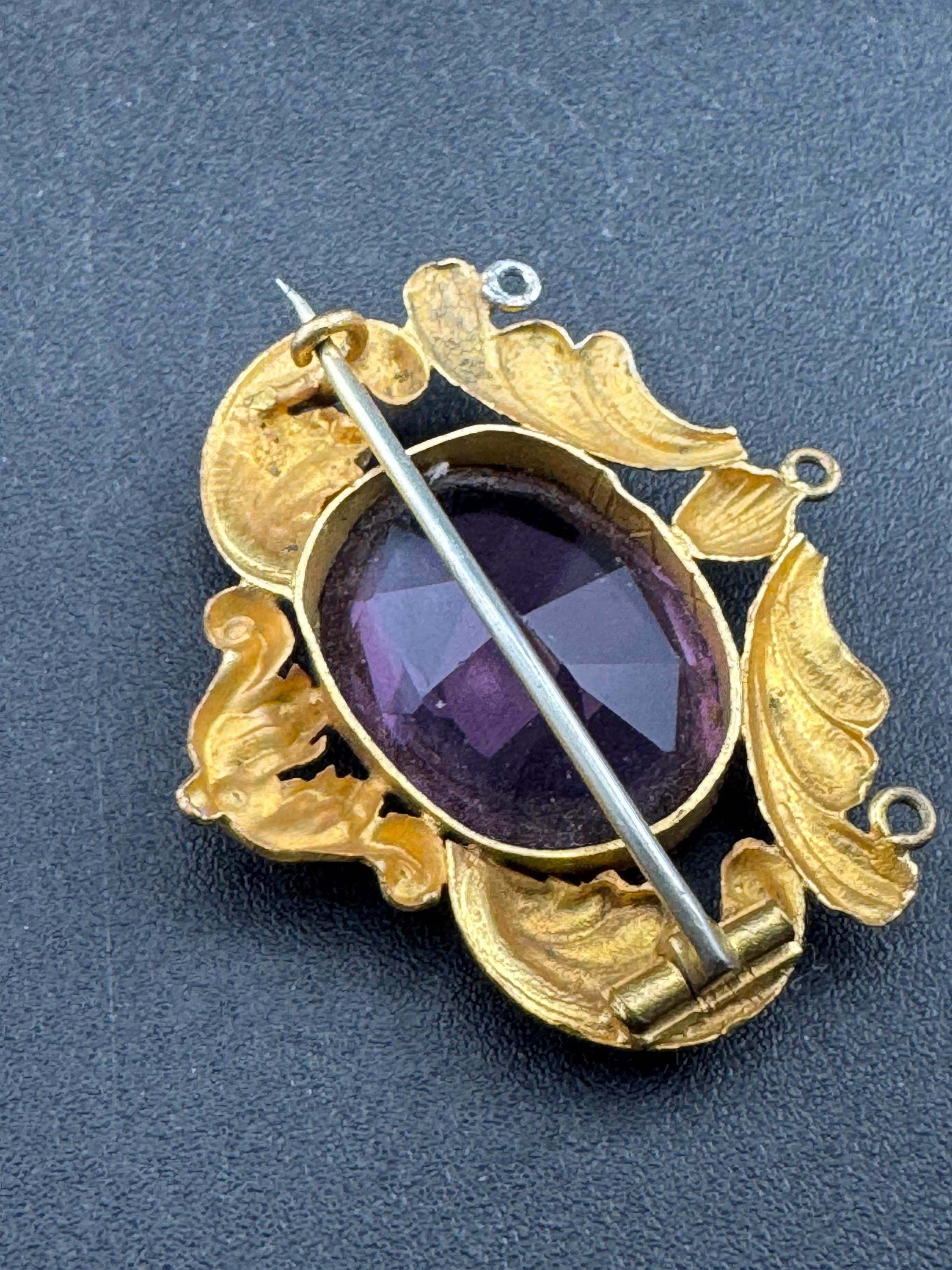 Antique oval amethyst rhinestone brooch,  gilt metal pin, Victorian 1900s