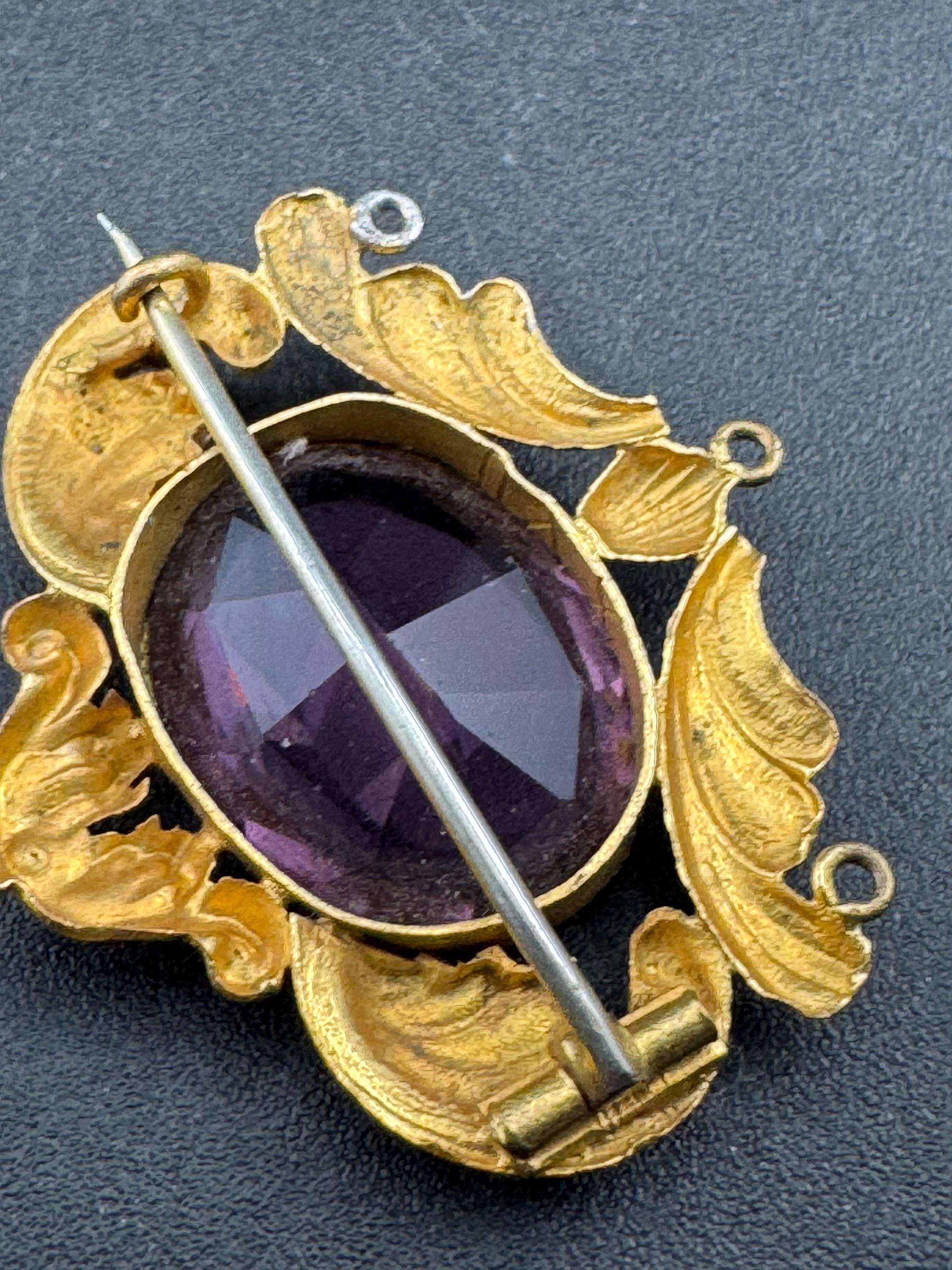 Antique oval amethyst rhinestone brooch,  gilt metal pin, Victorian 1900s