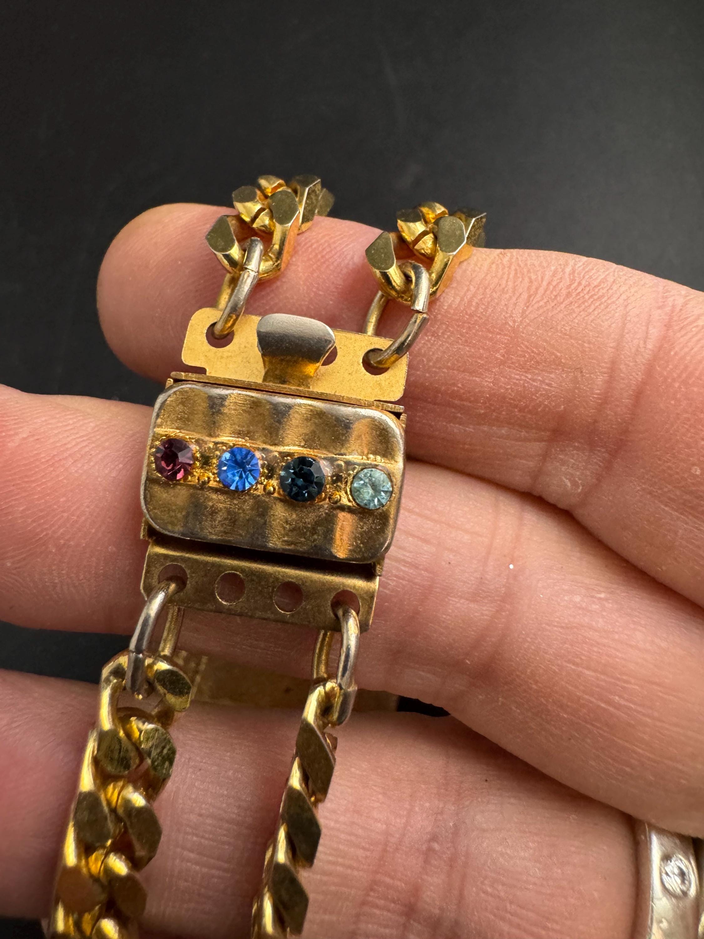 Signed idemaria novelty rhinestone watch bracelet, gold tone diamanté crystal