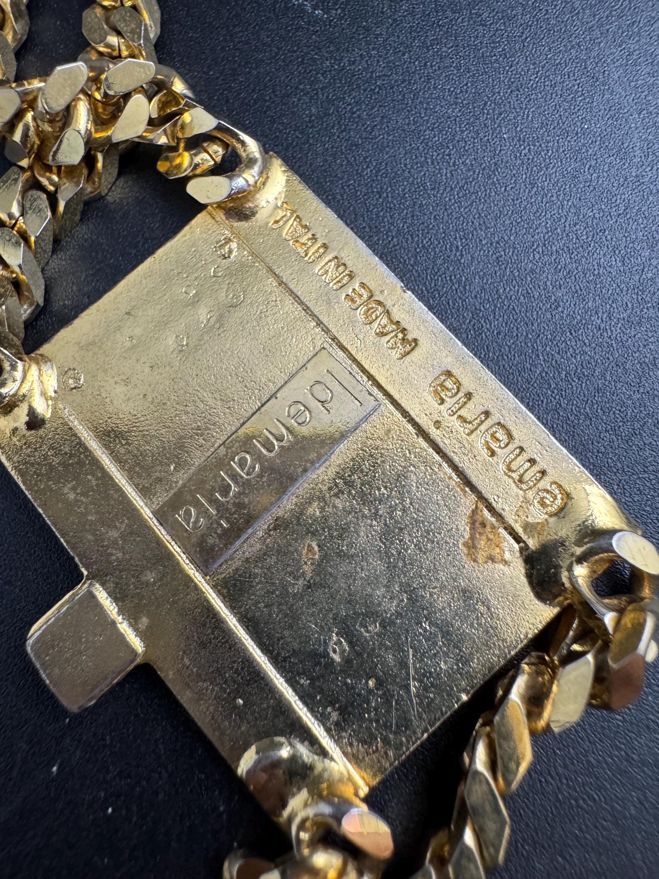 Signed idemaria novelty rhinestone watch bracelet, gold tone diamanté crystal